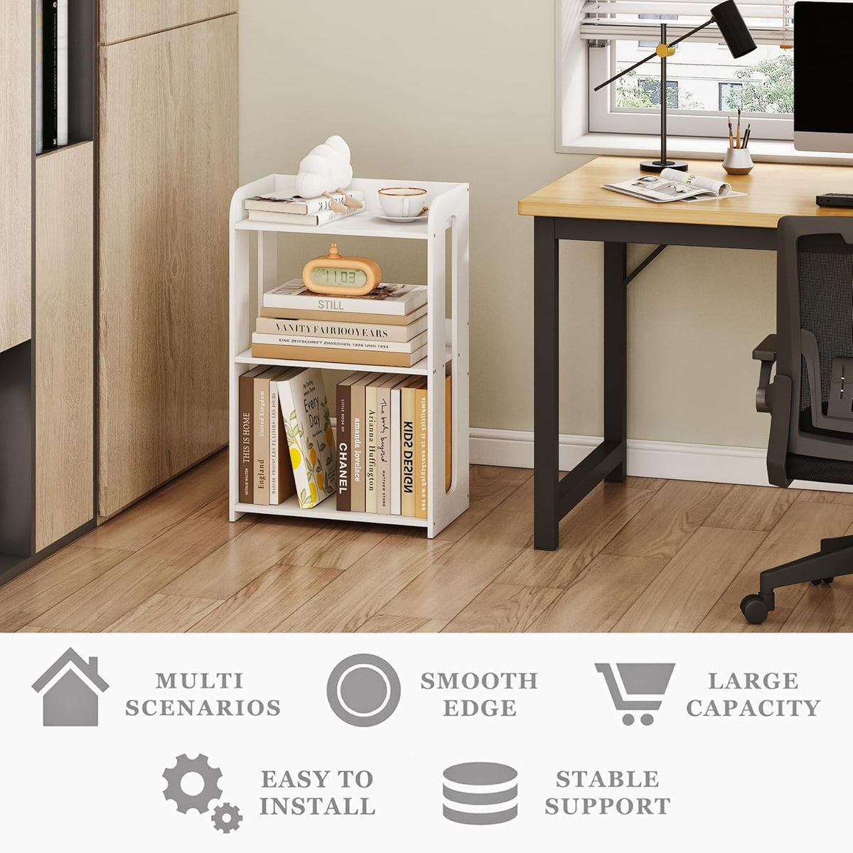 3 Tier End Table Nightstand White, Small Bookshelf with Open Shelf, Narrow Side Table Bedside Table for Bedroom, Living Room, Office, Bathroom