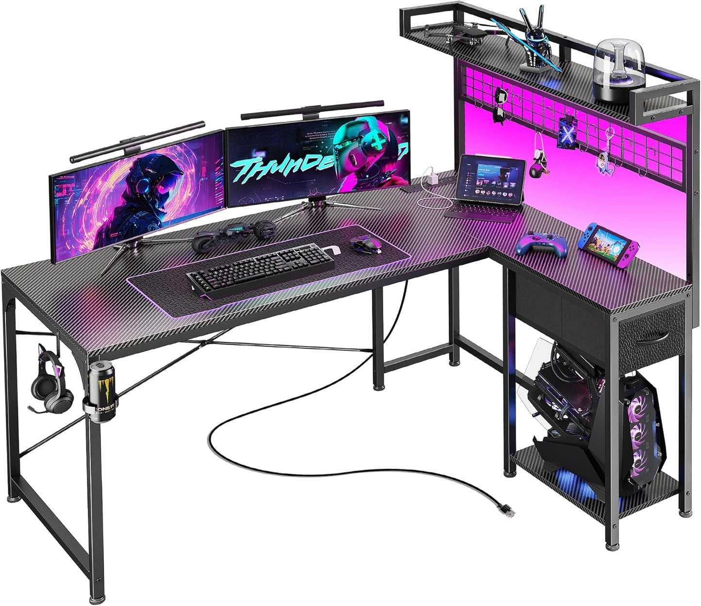 PRAISUN L Shaped Gaming Desk with Shelves, Corner Computer Table with LED Lights, Power Outlets and USB-C Ports, 50 Inch Home Office Desk with Storage Drawer, for Work and Study, Carbon Fiber Black