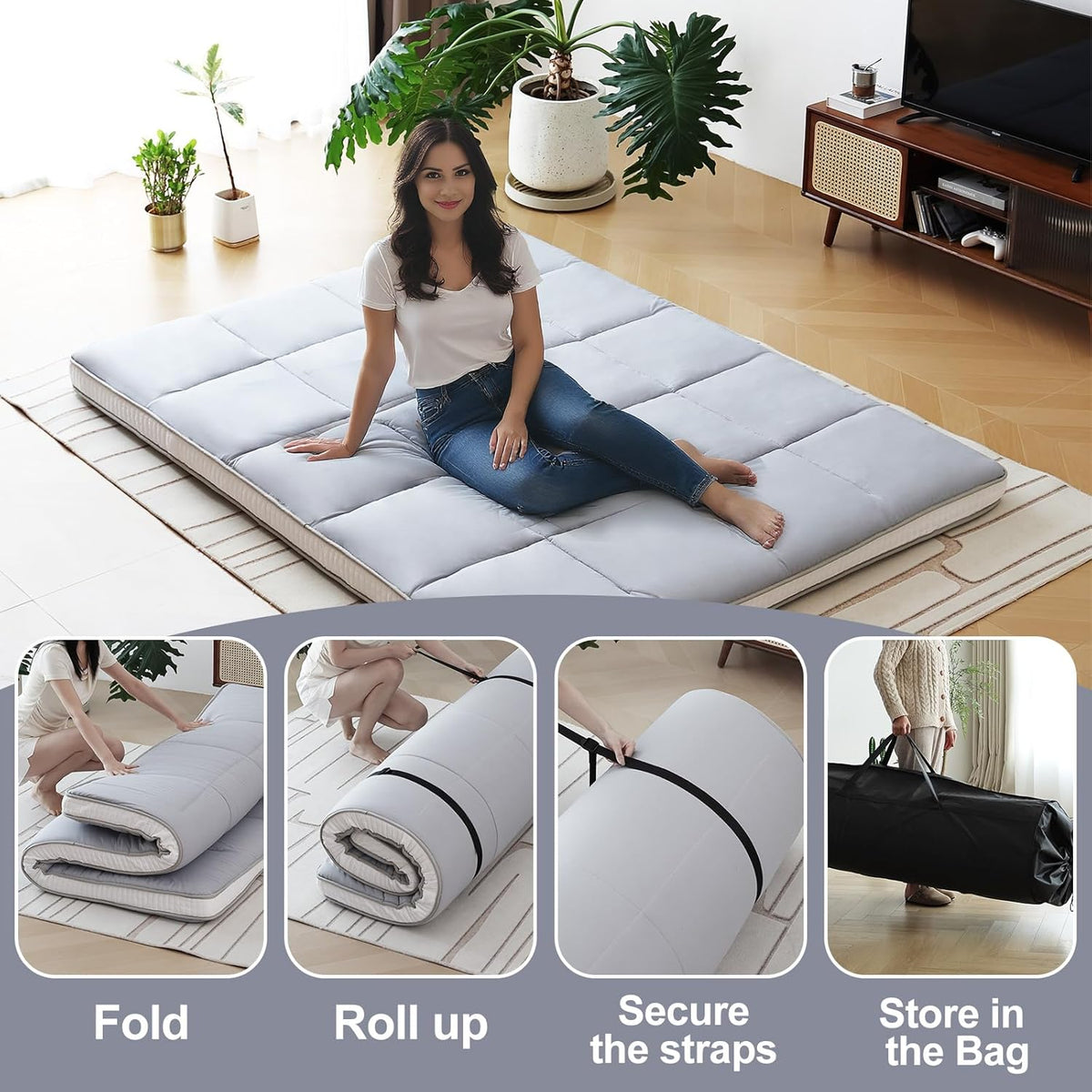 Tiita Memory Foam Mattress Topper Twin Size, 4" Thicken Futon Mattress with Storage Bag and 2 Straps, Portable Roll Up Travel Car Camping Mattress Floor Sleeping Pad, Grey