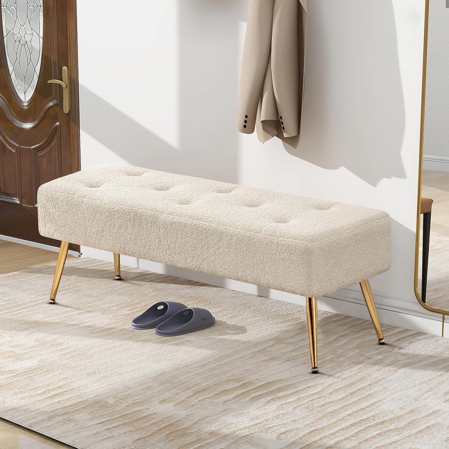 Furniliving 44 Inch Modern Ottoman Bench, Upholstered Faux Fur Fabric Entryway Benches with Gold Metal Frame for Living Room Vintage Indoor Benches End Bed Bench Footrest Ottoman (IvoryWhite)
