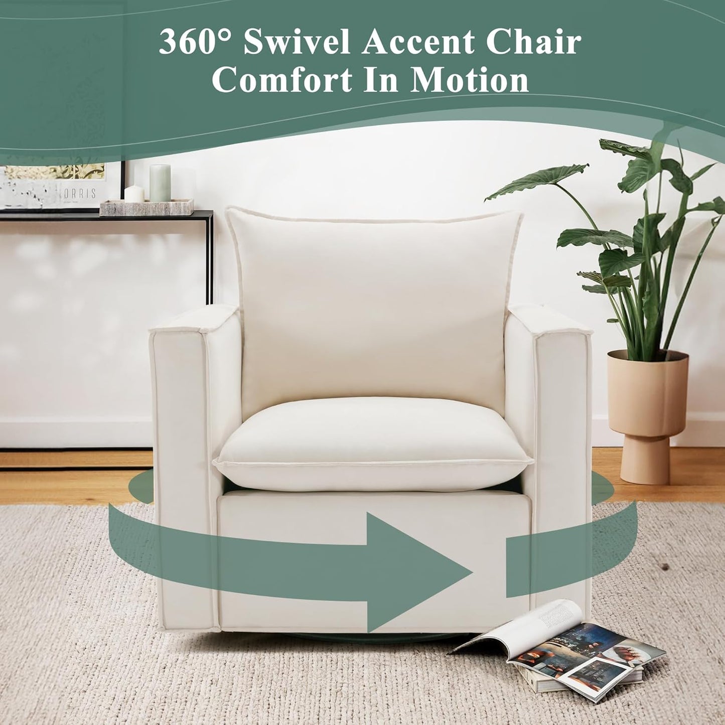 COLAMY Swivel Accent Chair, 34 Inches Upholstered Arm Chair with Plump Back Pillow, Modern Sofa Living Room Chair for Bedroom, Corner, Reading Beige