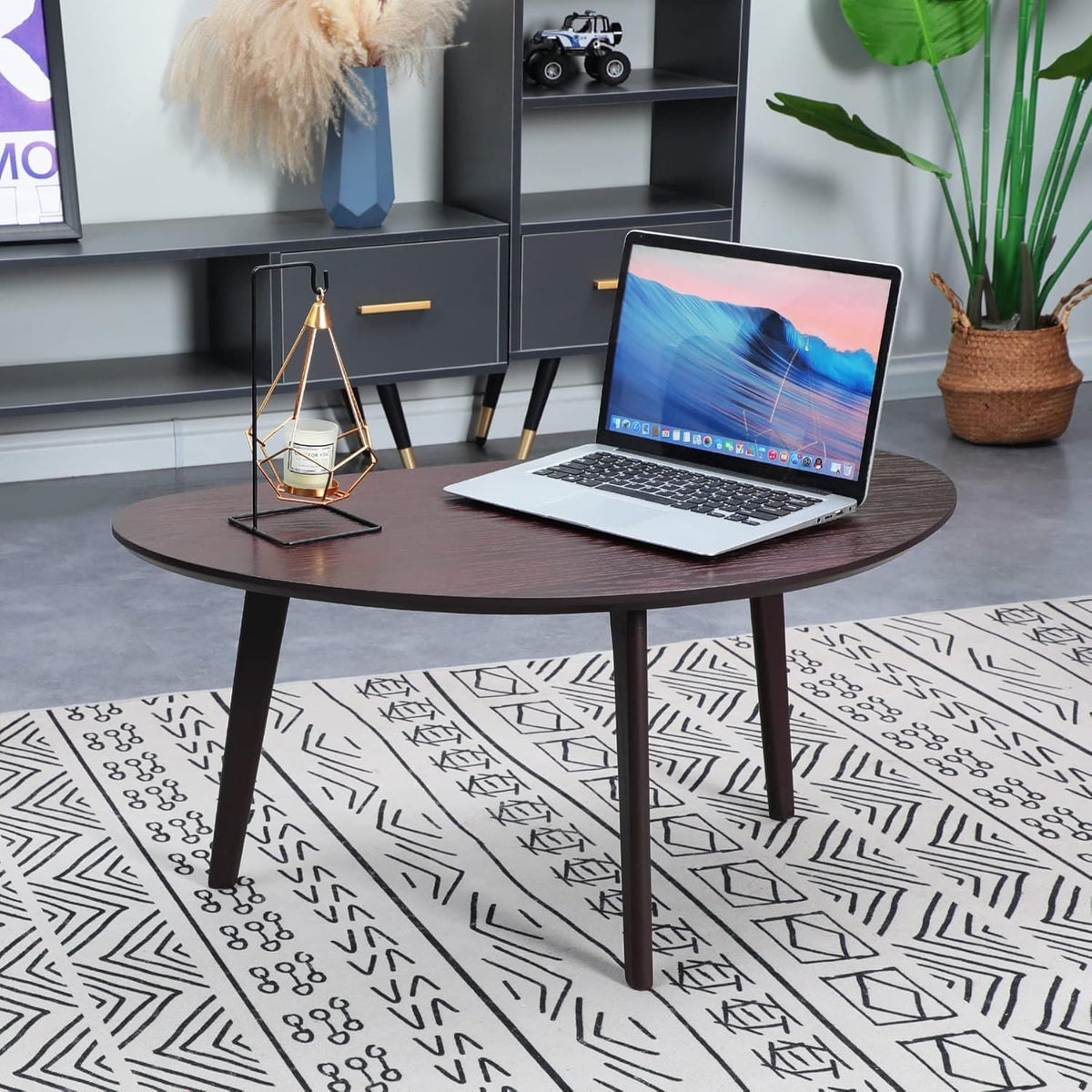 FIRMINANA Small Oval Coffee Table for Living Room,Mango Tabletop Mid Century Modern Coffee Table,Espresso,18.9" D x 33.47" W x 15.75" H