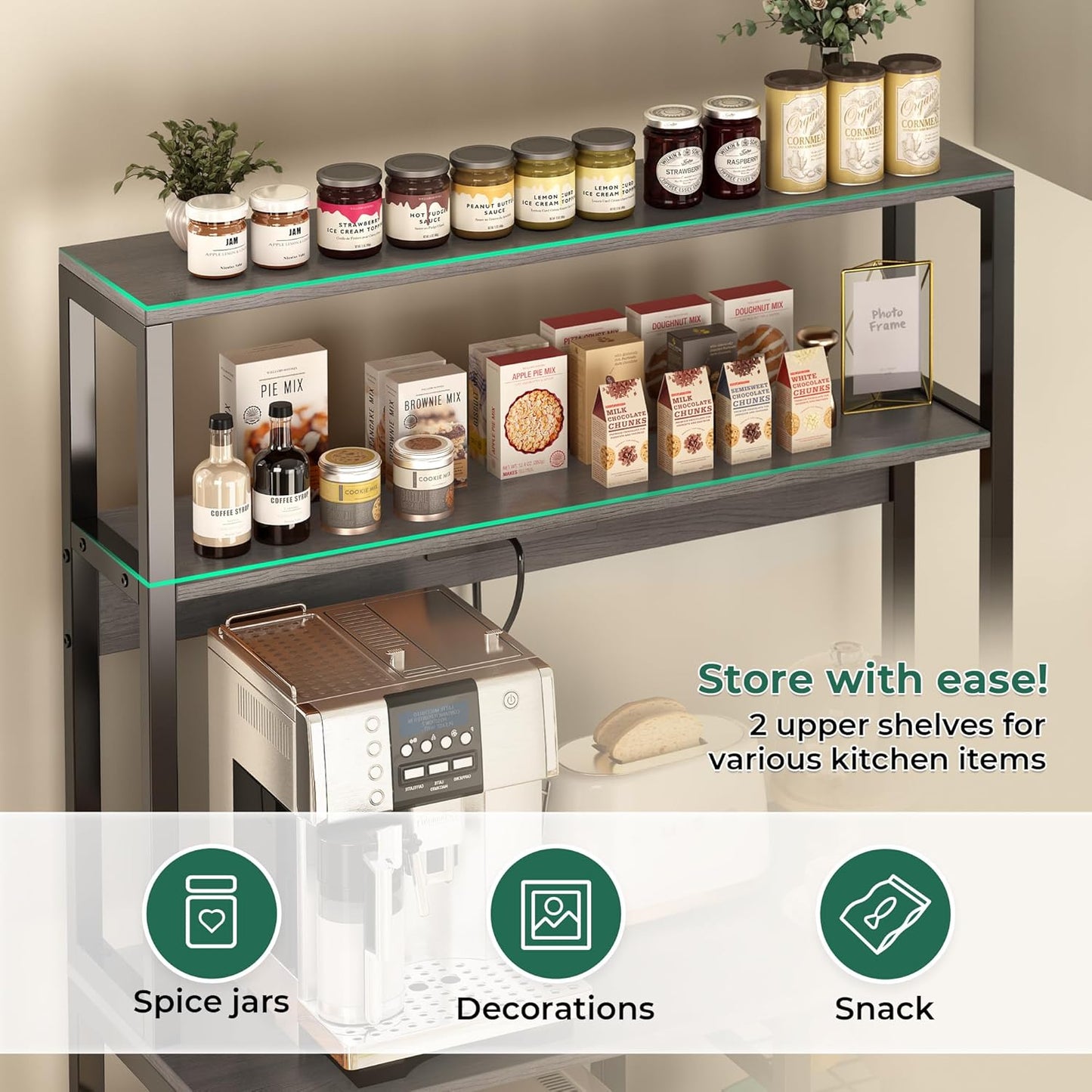 SUPERJARE Bakers Rack with Power Outlet, 35.4 Inches Coffee Bar with Wire Basket, Kitchen Microwave Stand with 6 S-Shaped Hooks, Open Storage Shelves, Charcoal Gray