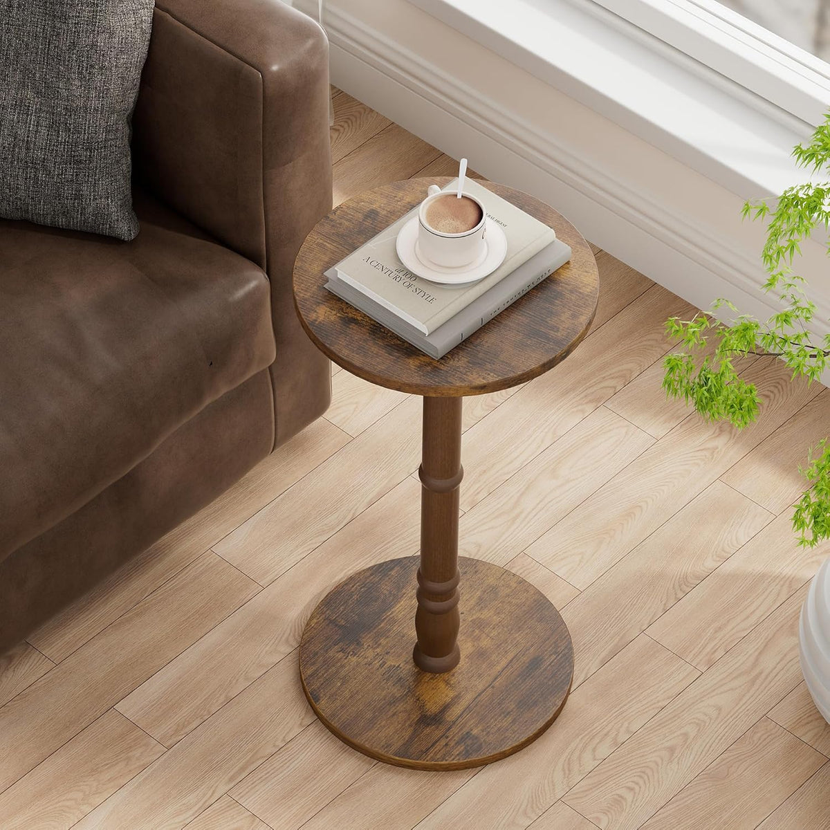 Round Side Tables Set of 2, Solid Wood Pillar with Wood Top & Base, Small Drink Accent Table for Living Room, Bedroom, Sofa & Office, Easy Assembly, Rustic Brown