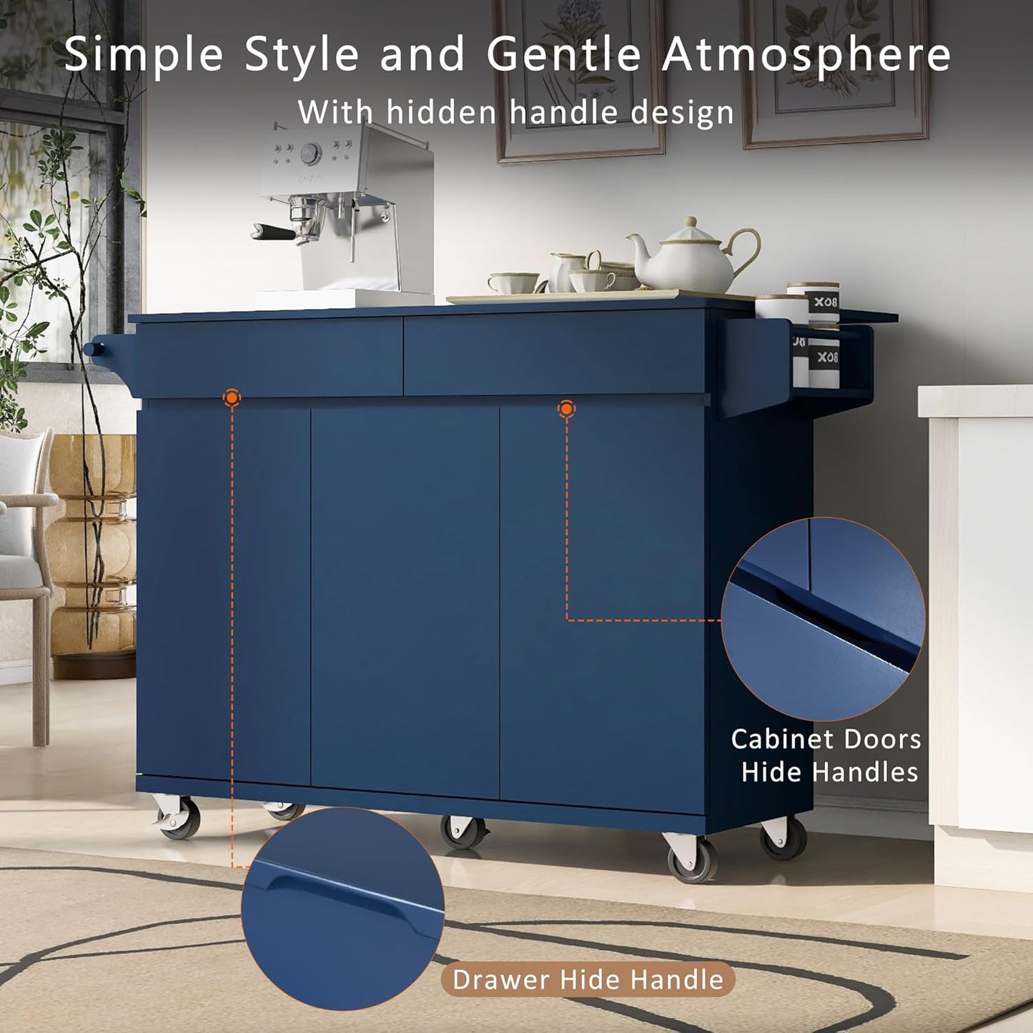 53" Kitchen Island with Drop Leaf,Dining Storage Cart W/Spice Rack,Towel Rack and 2 Drawers,Rolling Island on Wheels W/Adjustable Shelves for Kitchen,Dining Room,Navy Blue