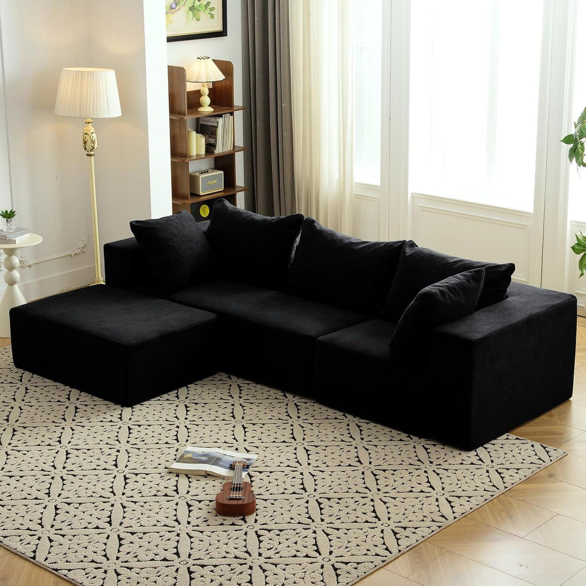 Vamcheer Modular Sectional Sofa with Chaise, Modern L Shaped Cloud Couch with Deep Seat, Sectional Couches for Living Room, Bedroom, Office, No Assembly Required, Black