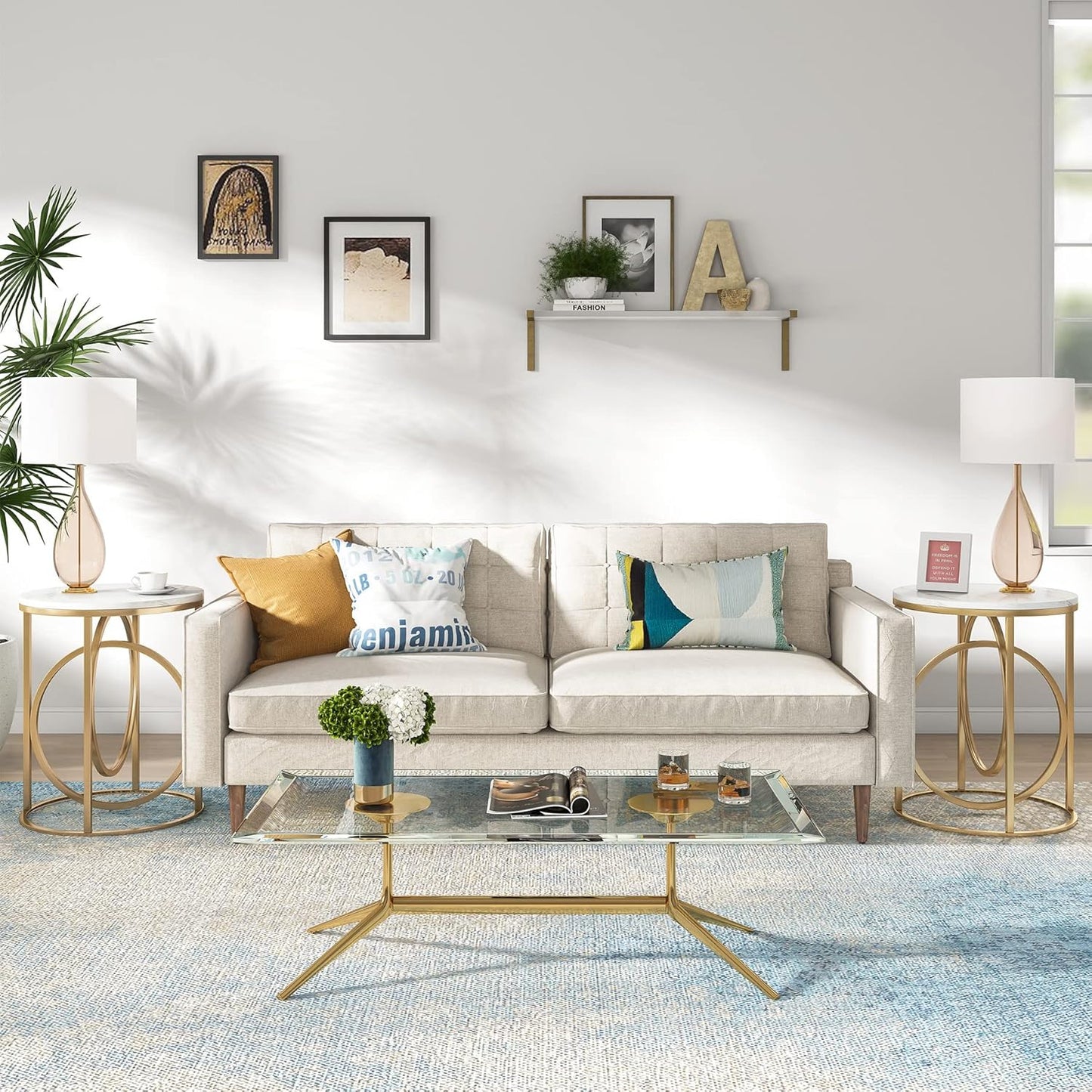 LITTLE TREE 20” Round End Table，Modern Sofa Side Table with Gold O-Shaped Base, Faux Marble White Cocktail Table Accent Table Nightstand for Living Room Bedroom