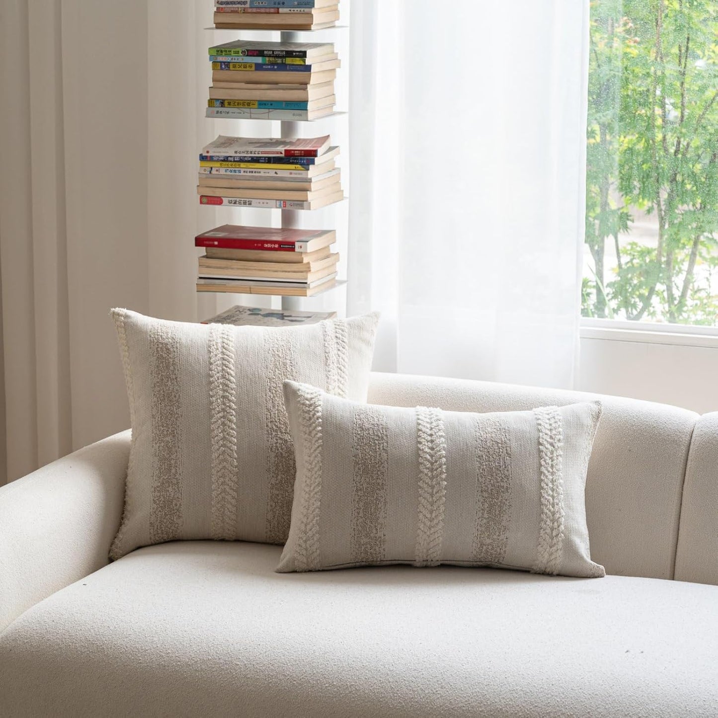 Pack of 1 Decorative Throw Pillow Covers 12x20 Inch, Pillow Cases for Living Room Couch Bedroom Farmhouse Home Decor, Soft Stripe Chenille Cushion Covers for Sofa Beige,12''x20''