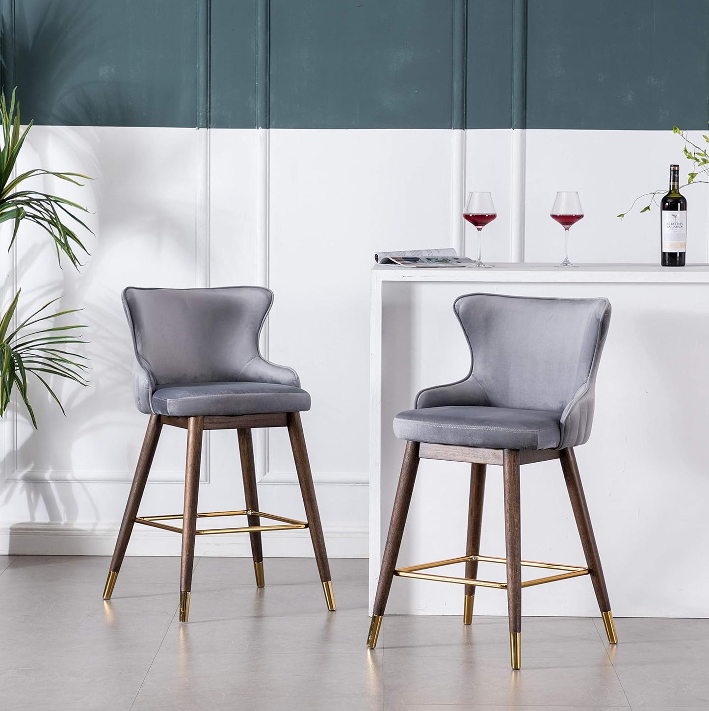 Roundhill Furniture Leland Fabric Upholstered Counter Height Wingback Stools, Set of 2, Gray