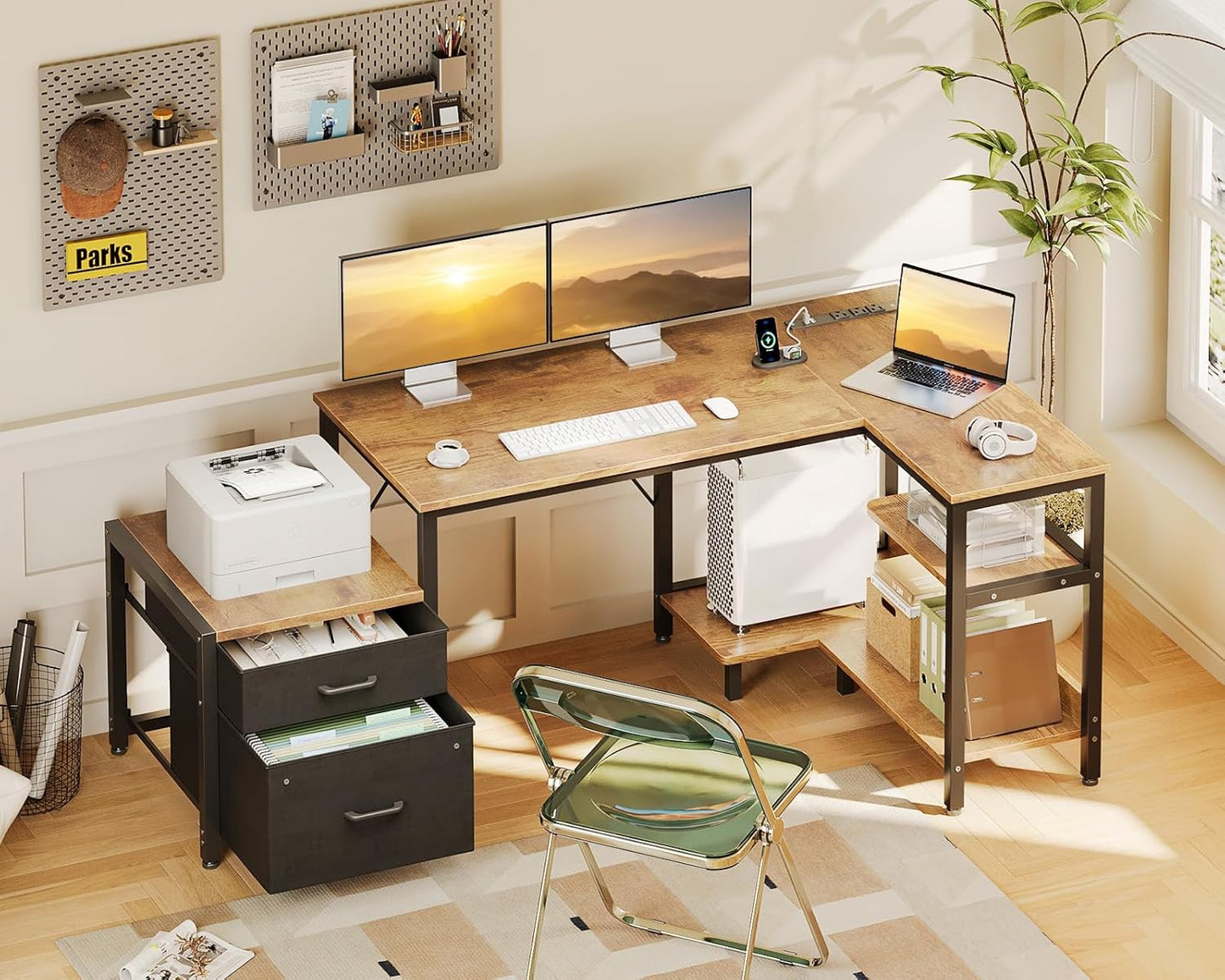Casaottima L Shaped Desk with Drawers & File Cabinet, Reversible Computer Desk with Storage Shelves & CPU Stand, Corner Desk with Power Outlets, L Desk for Home Office, Rustic Brown