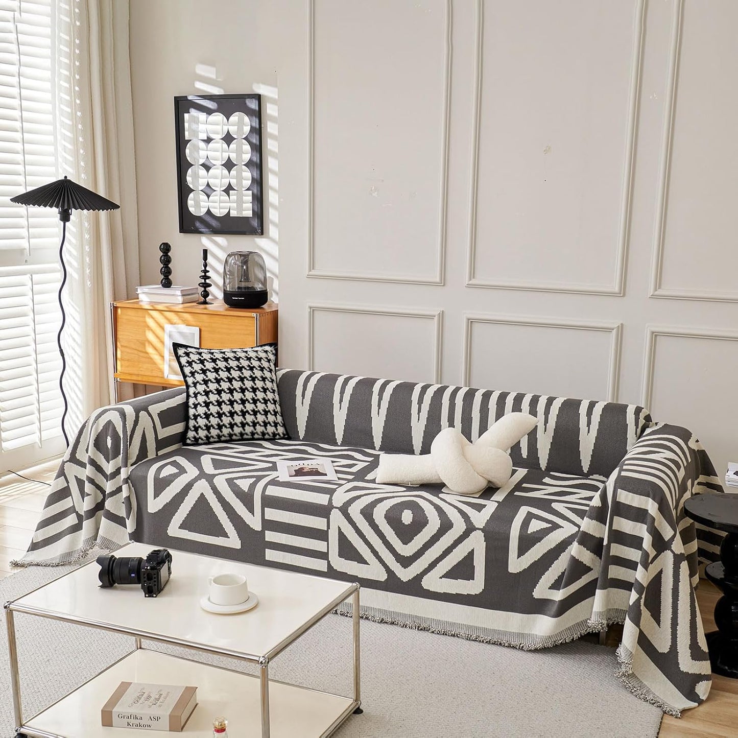 STACYPIK Simple Dark Grey Boho Sofa Cover for Sectional Soft Tassel Chenille Couch Cover for 3 Cushion Couch Reversible Loveseat Cover for Dogs Cats Non-Silp Furniture Cover Multi-Use Blanket-91x118IN