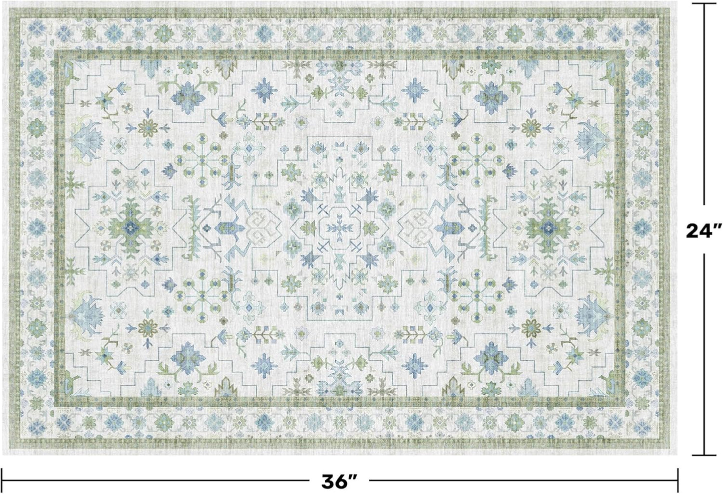 Washable Boho Bathroom Rug 2x3 - Small Throw Area Rugs for Powder Room, Laundry, Kitchen, Blue and Green Oushak Modern Eclectic Geometric Floral Pastel Decor, Low Pile Non-Slip Stain Resistant