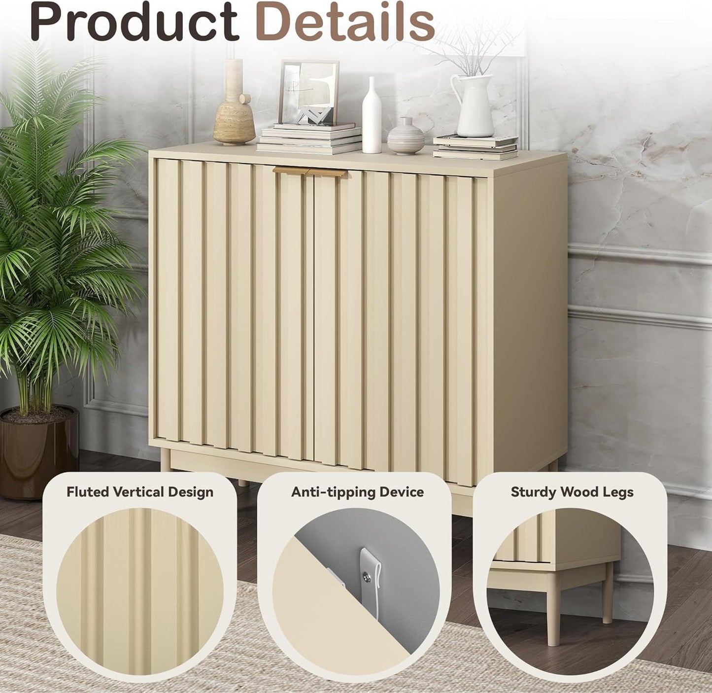 Fluted Cabinet with Storage, Buffet Cabinet Sideborad with Door, Kitchen Buffet Storage Accent Cabinets with Adjustable Shelves for Living Room, Entry, Hallway, Beige