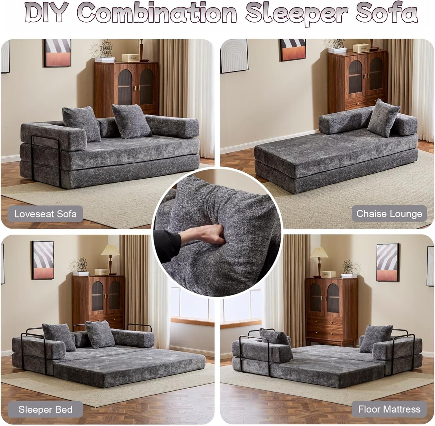 Convertible Sofa Bed, Compression Futon Sofa with Pillows & Armrest, Foldable Mattress Couch with Fixed-Shape Frame, Comfy Couch Lounge Sleeper Bed for Living Room Bedroom, Dark Gray