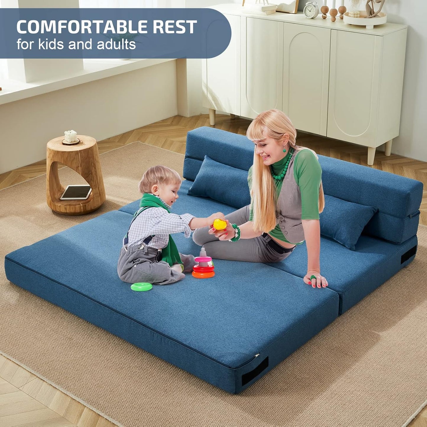 Folding Sofa Bed with Pillows- Convertible Chair Floor Couch & Sleeping Mattress, Foldable Memory Foam Sleeper for Living Room/Dorm/Guest Room/Home Office/Apartment/Loft, Queen, Navy Blue