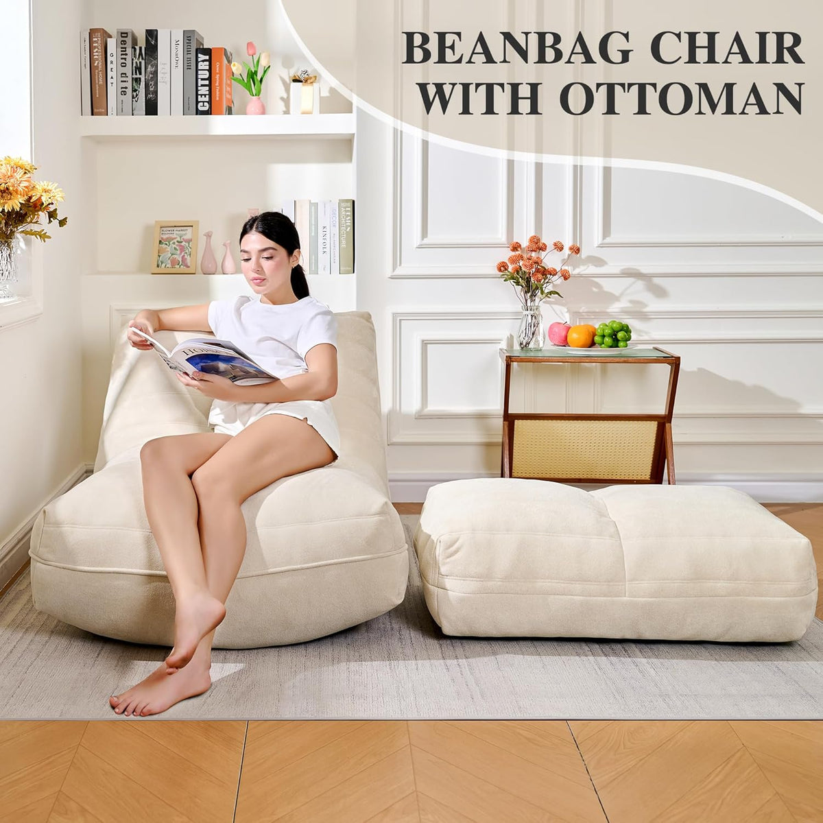 Bean Bag Chair with Ottoman, Comfy Bean Bag Sofa with Memory Foam, Lazy BeanBag Sofa with Footstool, Fireside Bean Bag Couch for Living Room, Bedroom, Apartment (Off White)