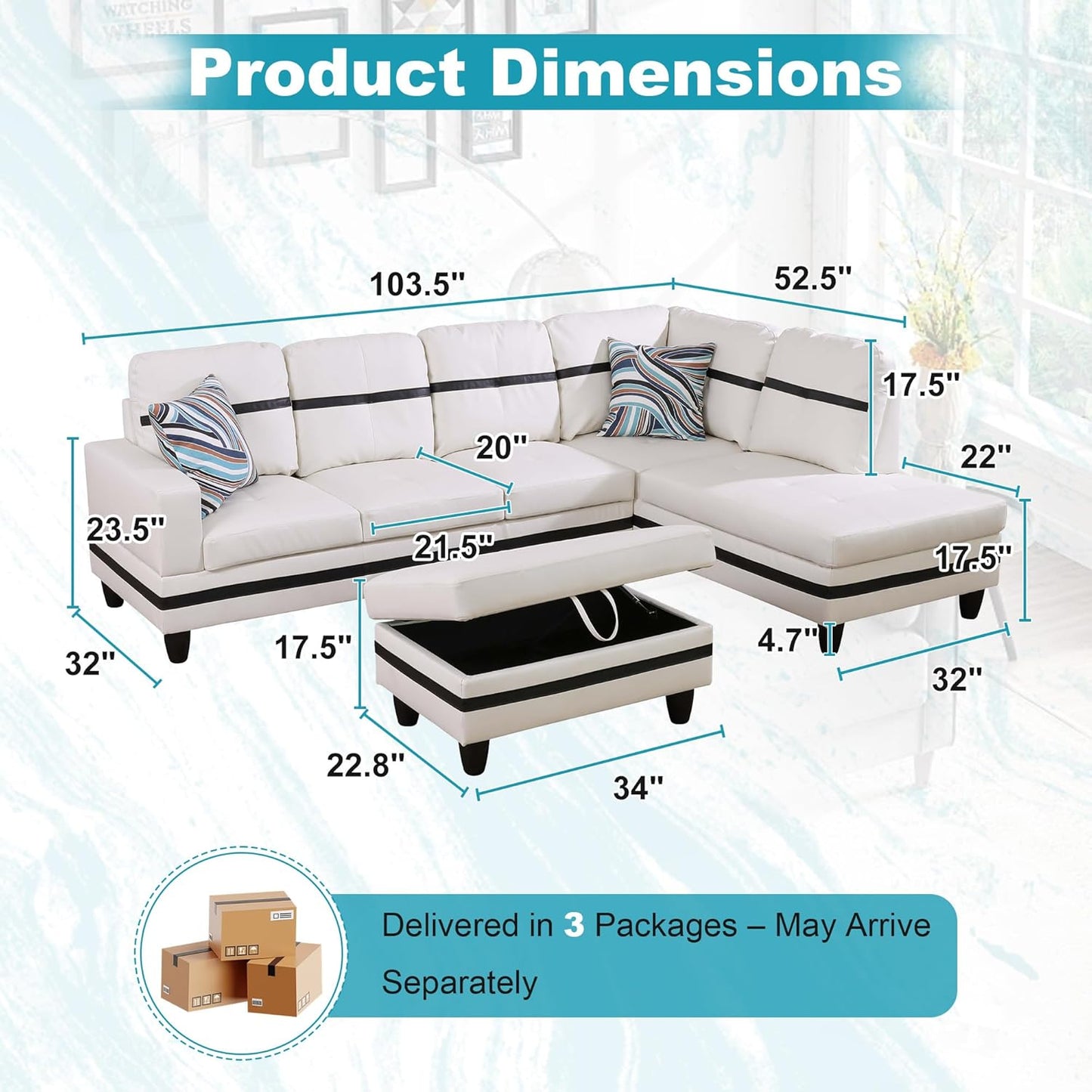 103.5" Oversized Sectional Couch, L Shaped Couch with Storage Ottoman, Modern Modular Sofa with Deep Seat, Sectional Couches for Living Room and Office, White and Black (PU Leather)