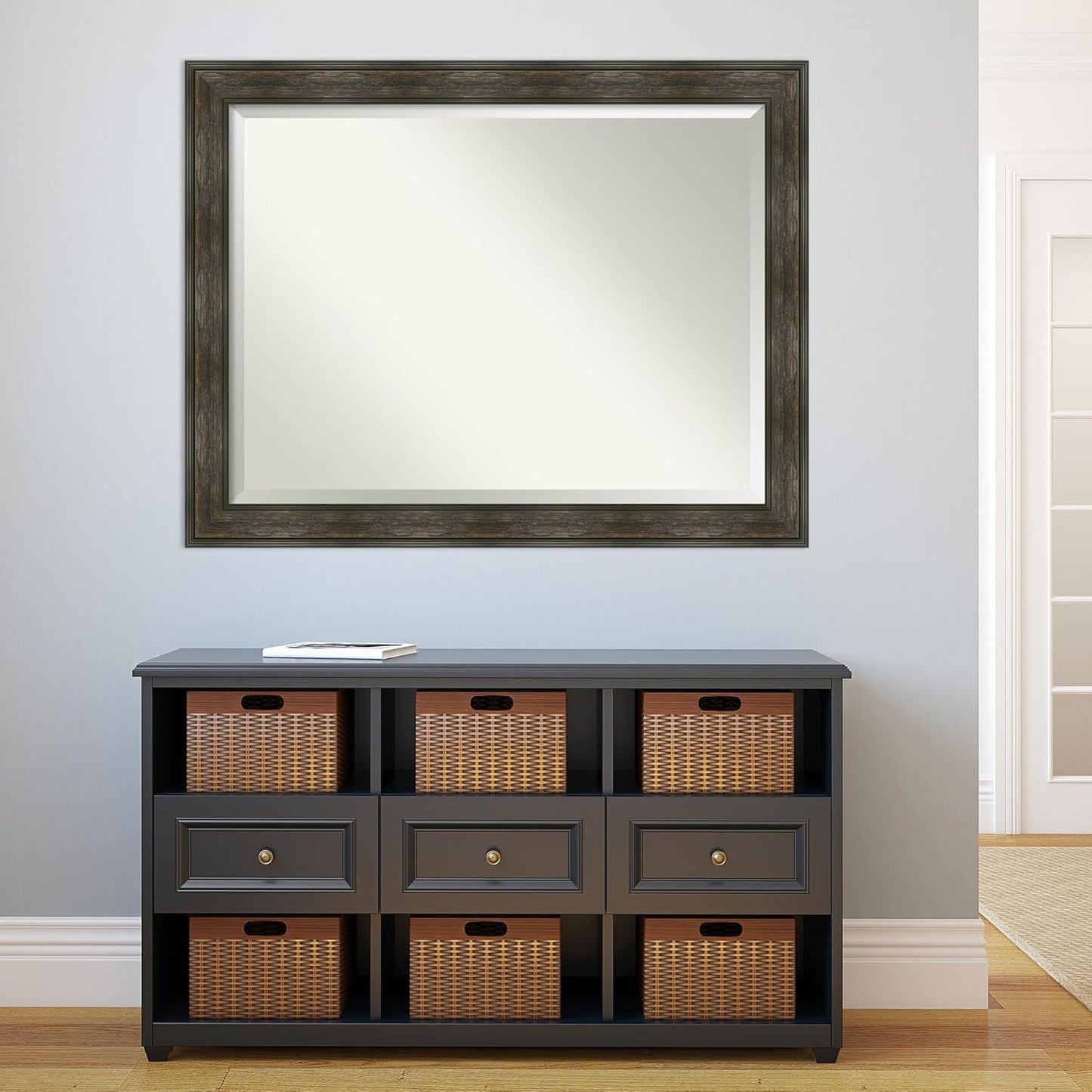 Amanti Art Brown Wall Mirror 36x46 Rail Rustic Char Rectangle Bathroom Mirror for Wall Decor Living Room, X-Large Country Rustic Frame, Hangs Horizonally and Vertically, Bathroom Decor, Beveled Edge