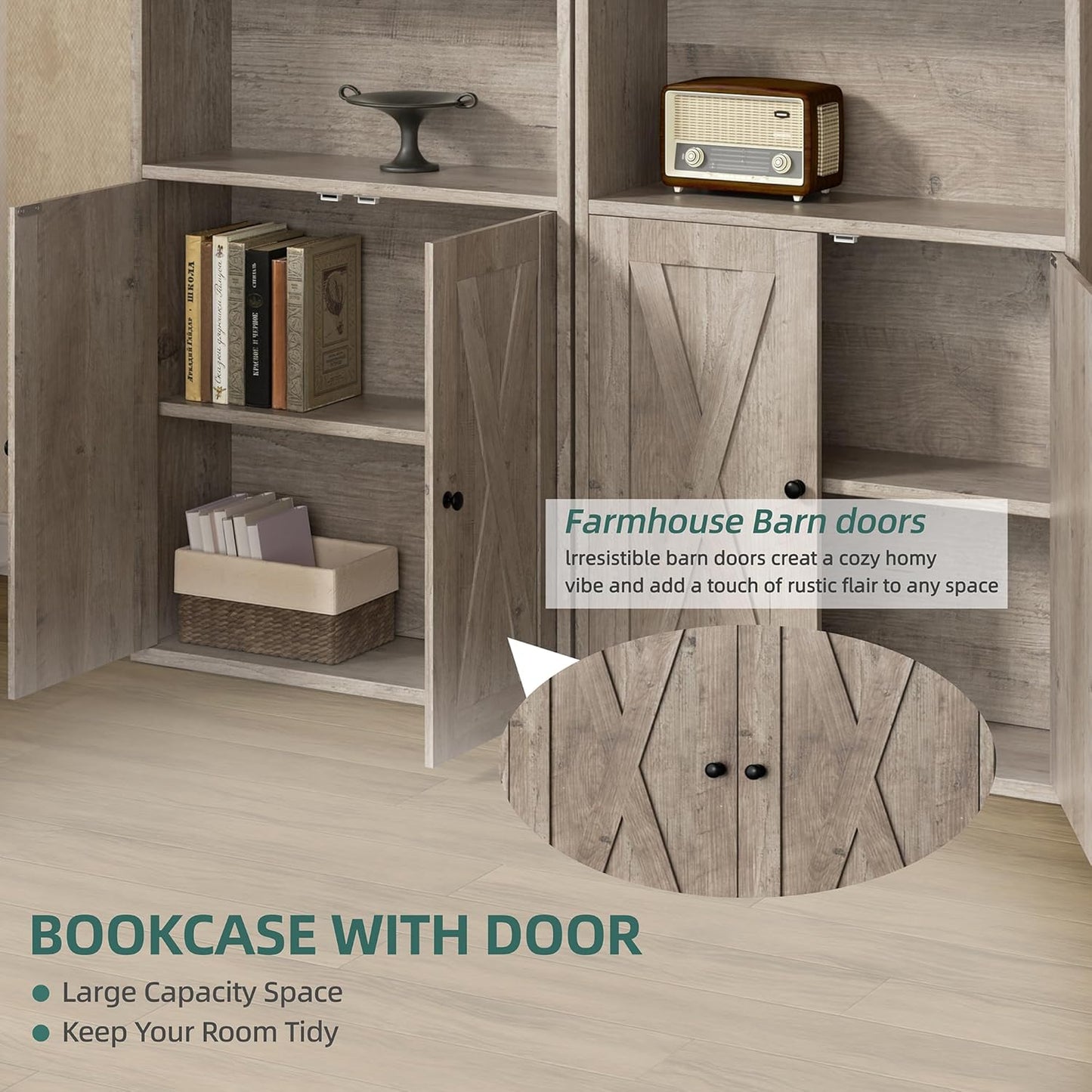 Shintenchi Bookshelf, Industrial Bookshelves and Bookcases with Doors Floor Standing 6 Shelf Display Storage Shelves 70.6 inches Tall Bookcase for Home Office, Living Room (Grey)