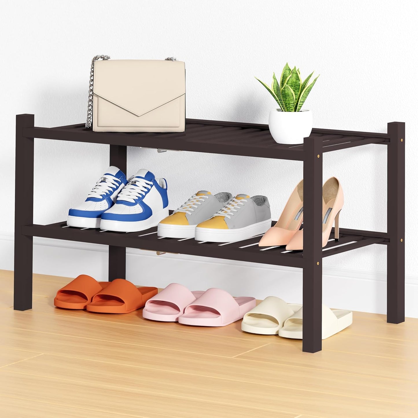 Smiry Shoe Rack, 2 Tier Thick Bamboo Shoe Organizer, Stackable Free Standing Wooden Shoe Storage Shelf for Closet, Entryway, Front Door Entrance, Brown