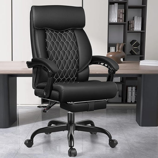 Office Chair, Big and Tall Office Desk Chair, Reclining Office Chair with Footrest Home Office Desk Chairs, High Back Ergonomic with Lumbar Support, Executive Leather