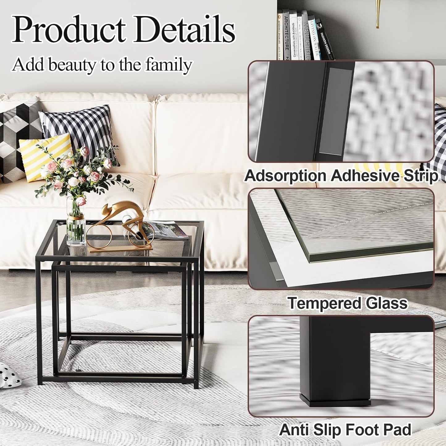 Garden 4 you Coffee Table Set of 2, Modern Glass Nesting Table, Metal Frame Square Center Table Set, Side Tables, Nesting Coffee Table for Living Room, Bedroom and Small Spaces, 23.6in Grey