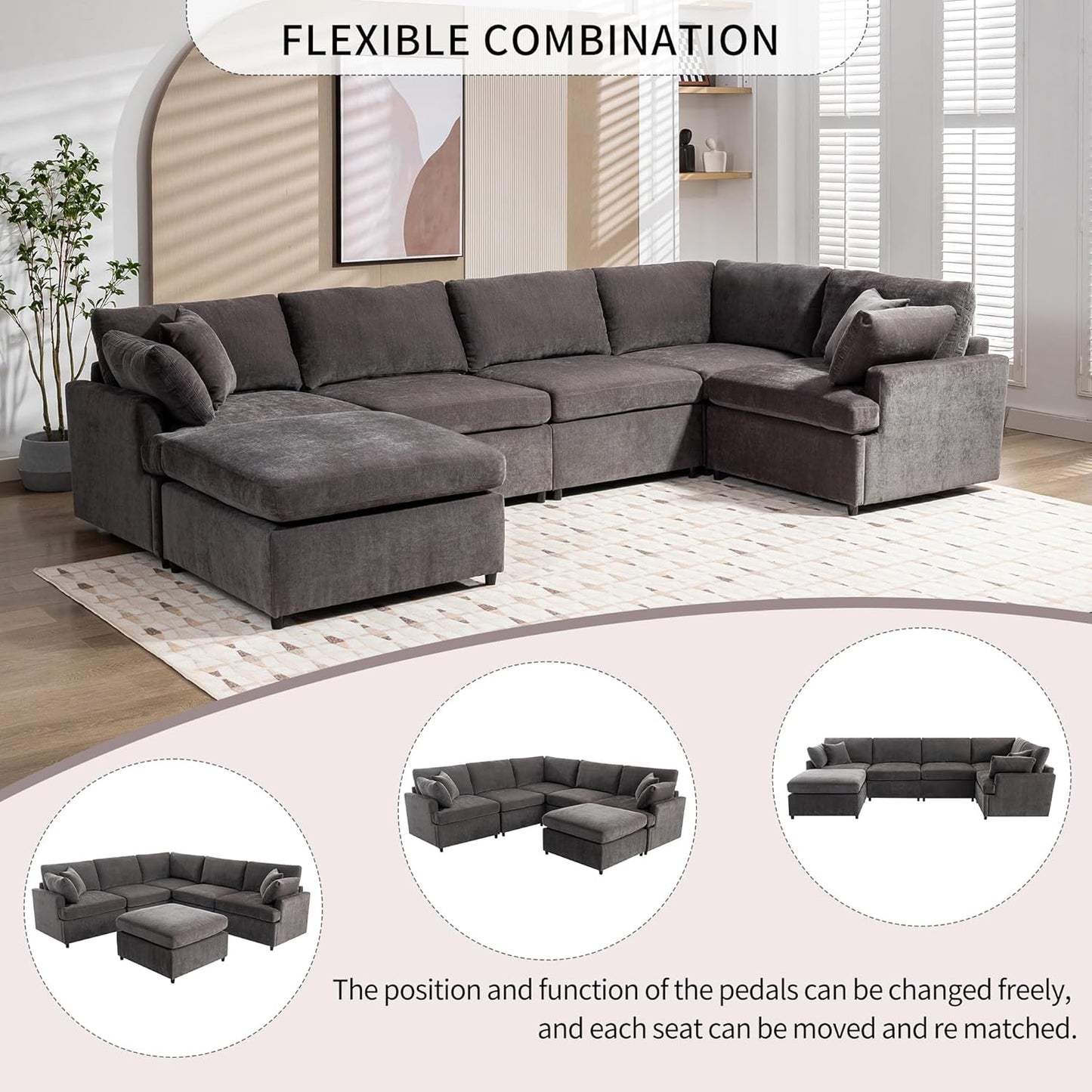 100 Inch U-Shaped Modular Convertible Sectional Sofa with Removable Ottoman and Pillows, Oversized 6 Seater Upholstered Corner Couch for Living Room, Office, Spacious Space, Gray
