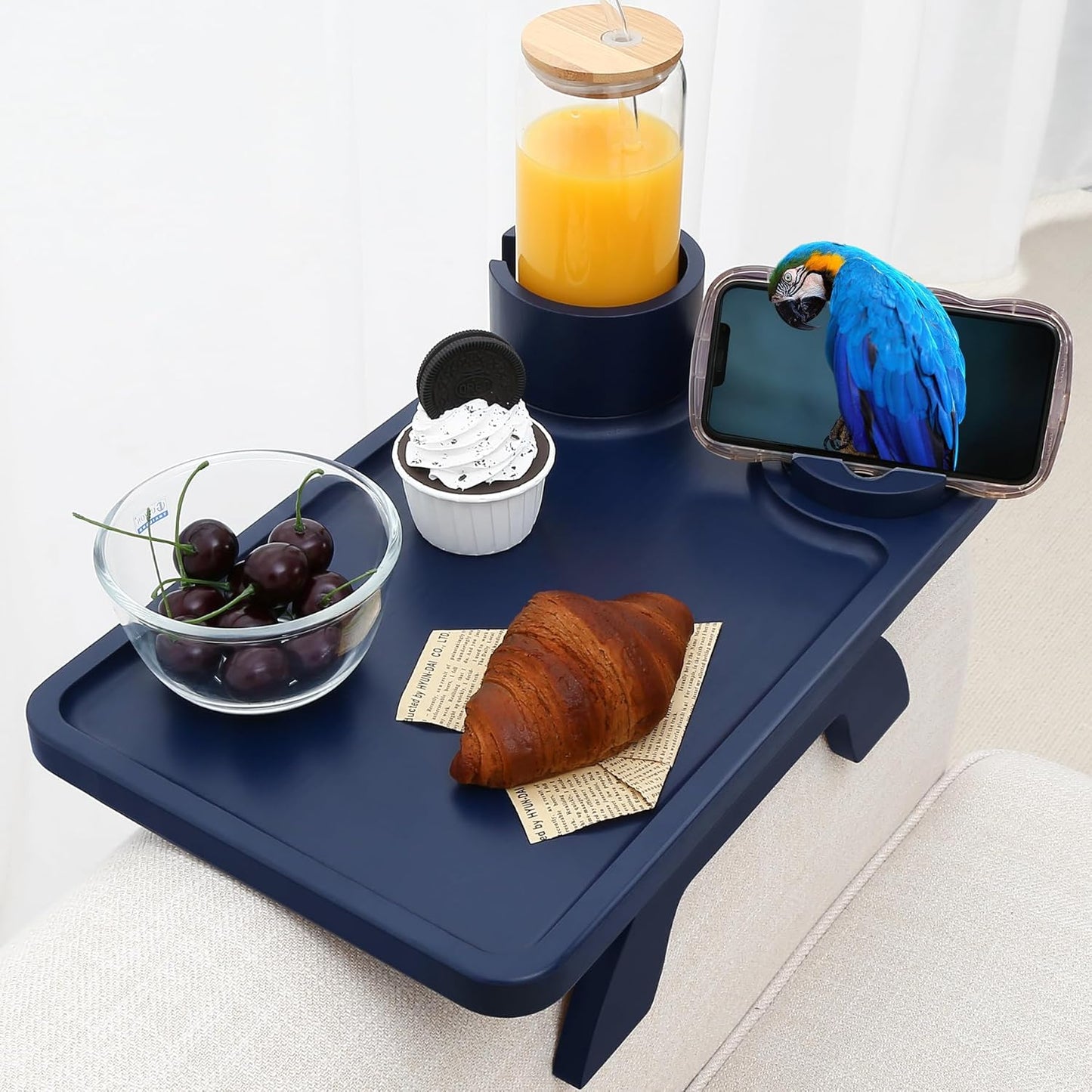 Nnewvante Couch Cup Holder,3 in 1 Large 15.36""x9.85"" Bamboo Sofa Arm Clip on Tray Table with 360°Rotated Phone/Drink Holer, Navy Blue, CAT39252