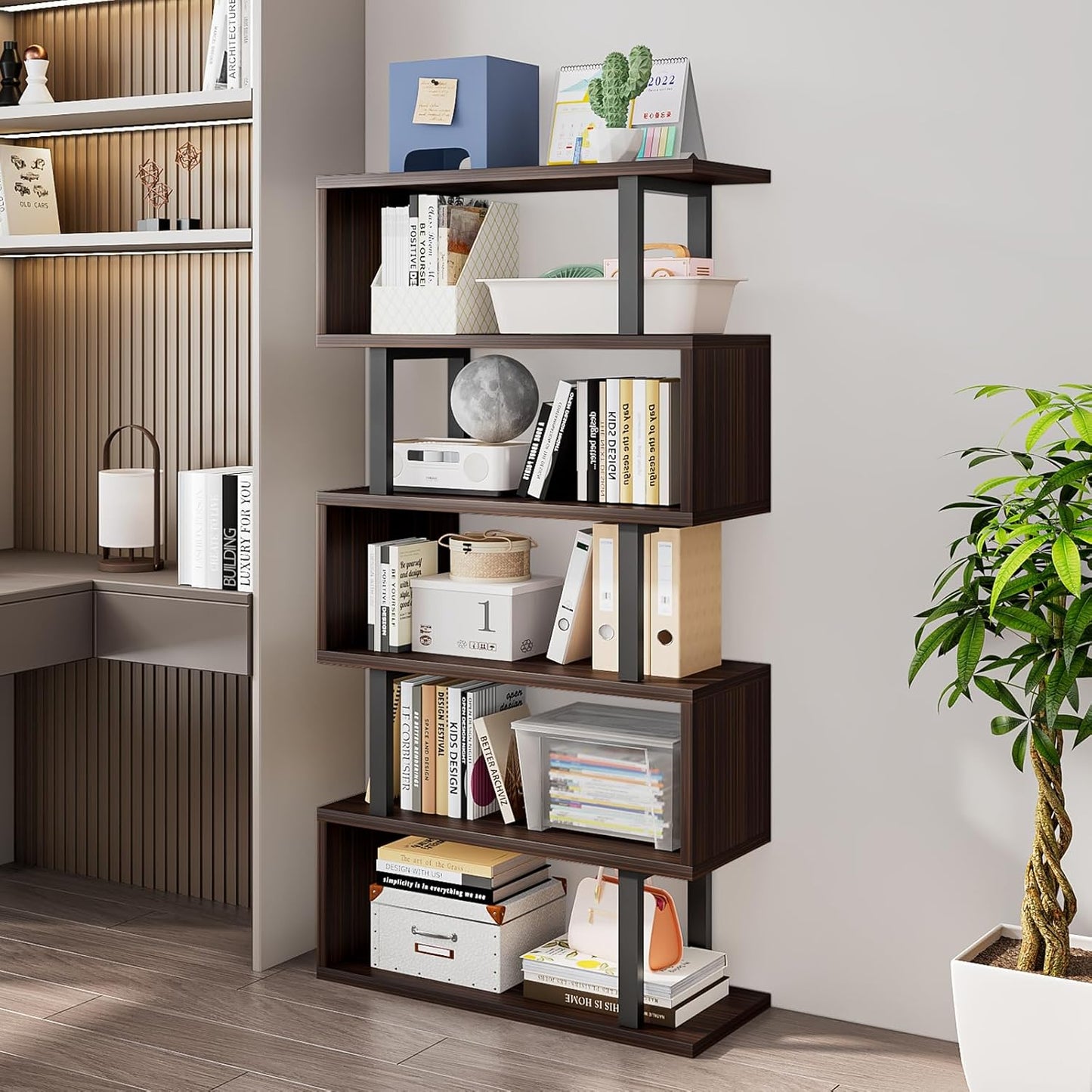 SORCEDAS Bookshelf Geometric Bookcase S Shaped Industrial Bookshelf Storage Display Stand Shelf for Living Room Bedroom and Office Room (Black, 5 Tier)