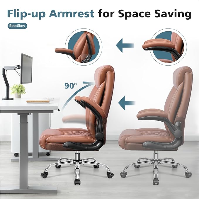 Office Chair, Ergonomic High Back Home Office Desk Chair, Big and Tall Breathable Leather Office Chair with Lumbar Support Flip-Up Armrests, Computer Chair with Rocking Function