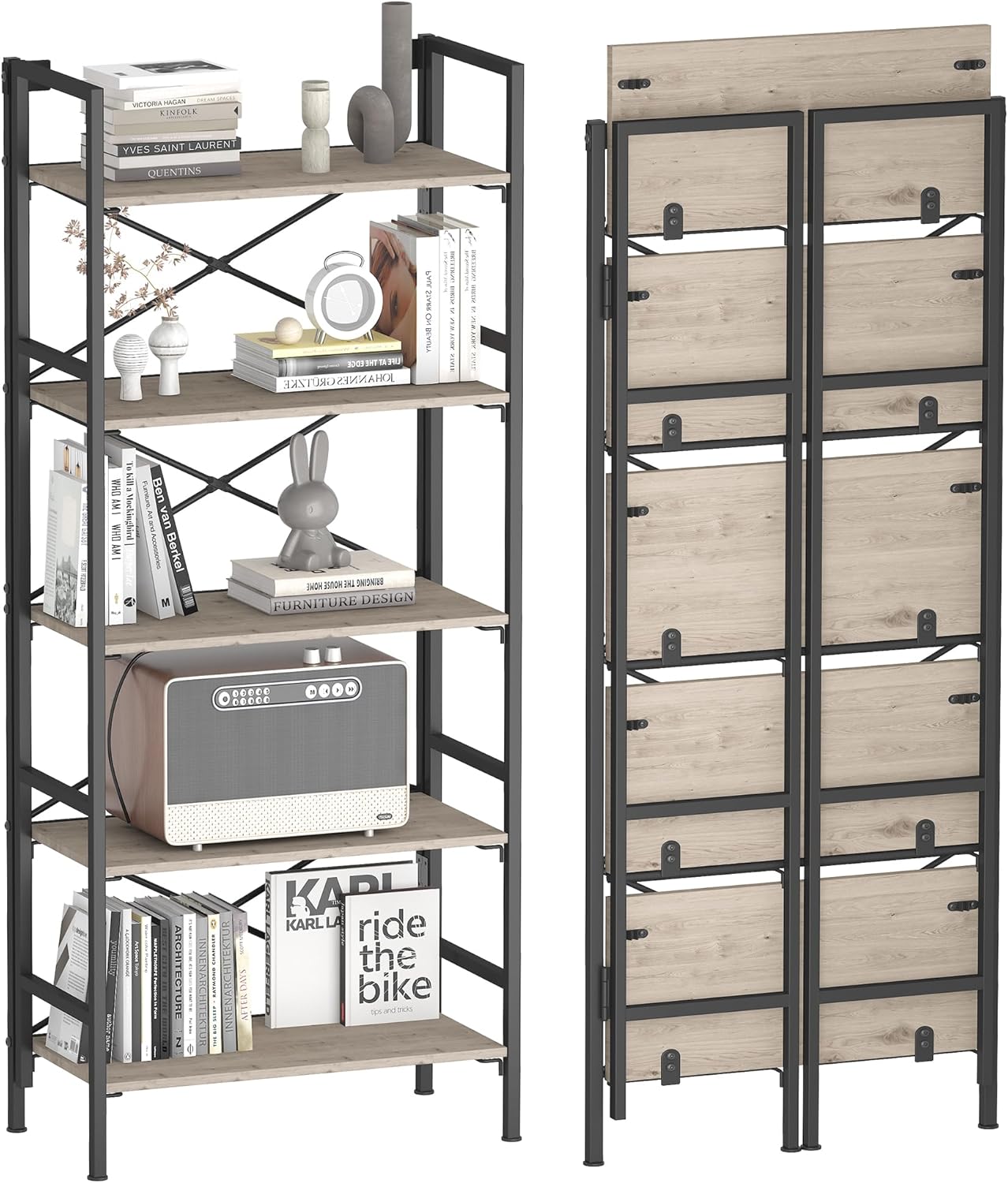 Folding Bookshelf,5 Tier Bookcase Foldable Shelf with X-Bracket Design, Adjustable Feet, Space Saving Storage for Living Room, Office