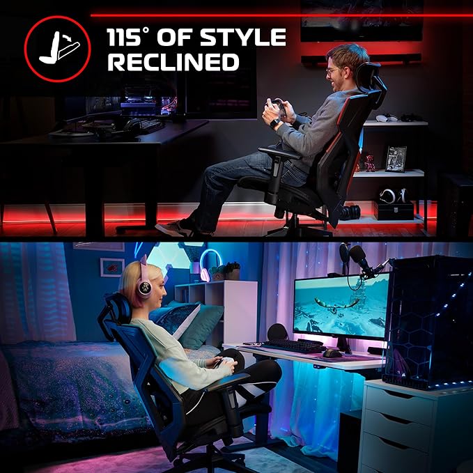 Respawn FLEXX Ergonomic Office and Gaming Chair with Lumbar Support - Breathable Mesh Recliner with Headrest & Adjustable Arms, Comfy Home Office Desk Chairs, Reclining Gaming Seat for Adults - Gray