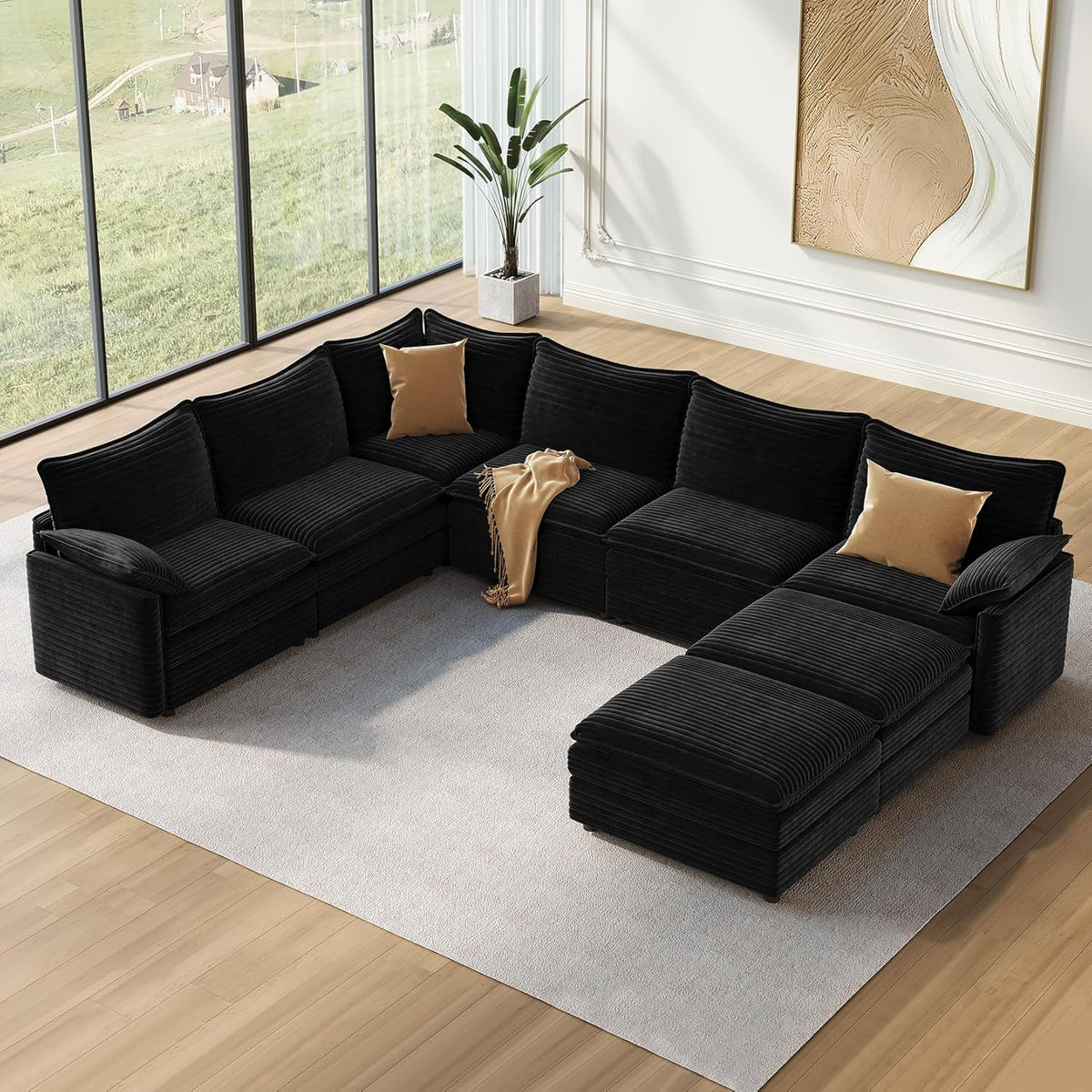 Vesgantti Large Modular Sectional Sofa, Big Comfy Cloud Couch with Ottoman Deep Seat Corduroy Cloud Sofa, 8 Seater Large Sectional Couches for Living Room, Bedroom and Apartment, Black