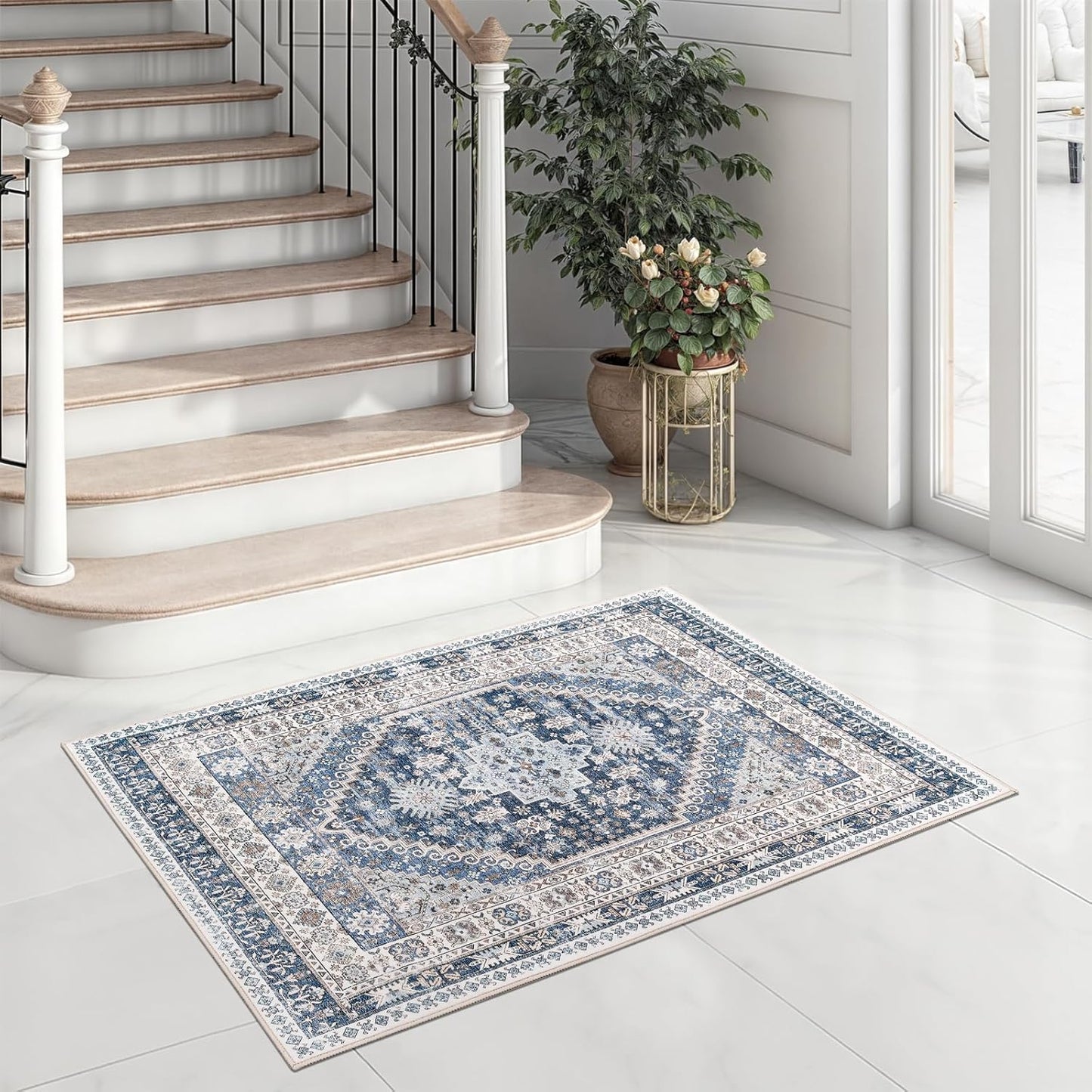 zesthome 2x3 Entryway Rug, Soft Washable Rugs, Non Slip Area Rug, Stain Resistant Low Pile Rugs for Bedroom, Vintage Rug for Door Mat, Kitchen (Blue/Beige,2'x3')