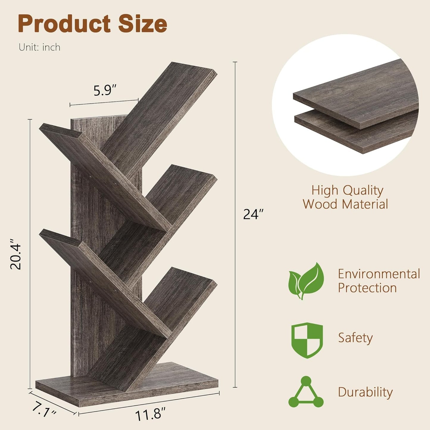 Hoctieon 4 Tier Tree Bookshelf, 4 Shelf Bookcase, Free Standing Tree Bookcase, Display Floor Standing Shelf for Books, Book Organizer Shelves for Home Office, Living Room, Bedroom, Grey