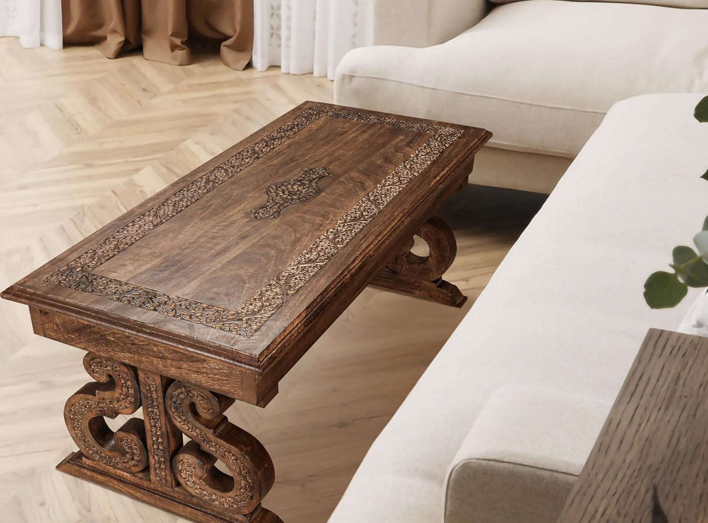 Lightnpro Handcrafted Mango Wood Rectangular Coffee Table - Vintage Rustic Living Room Center Table with Intricate Carving, Modern Farmhouse Style, Eco-Friendly Furniture - 40x18 Inch Burnt Finish