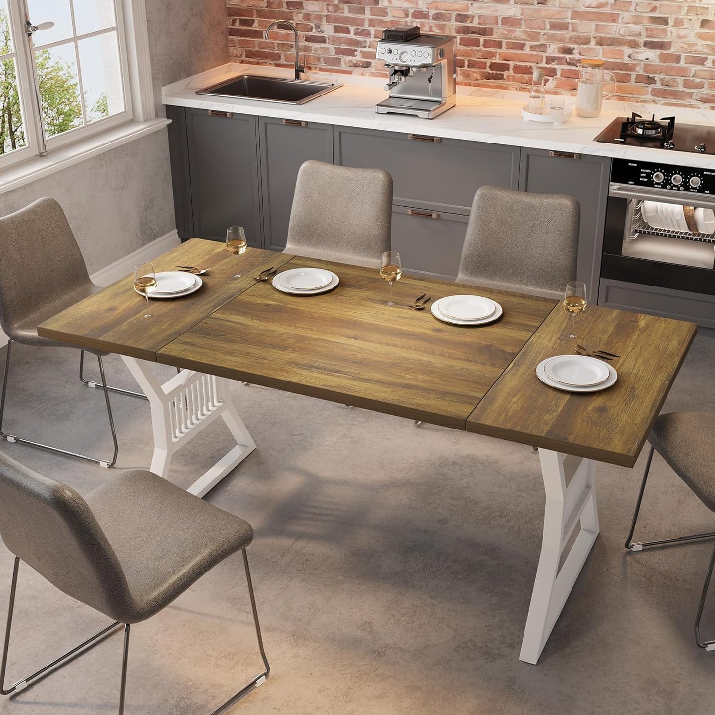 GarveeHome 70.8 Inch Dining Table 4-6 Person, Kitchen Table with Heavy Duty Metal Legs, Farmhouse Dining Room Table for Kitchen, Living Room