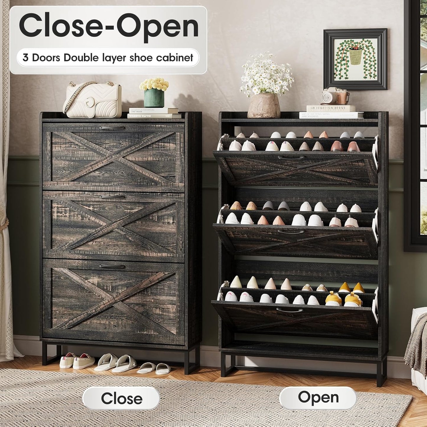 Maupvit Shoe Storage Cabinet with 3 Flip Drawers, Freestanding Organizer with Metal Legs for Entryway, Narrow Shoe Rack Cabinet, Dark Rustic Oak