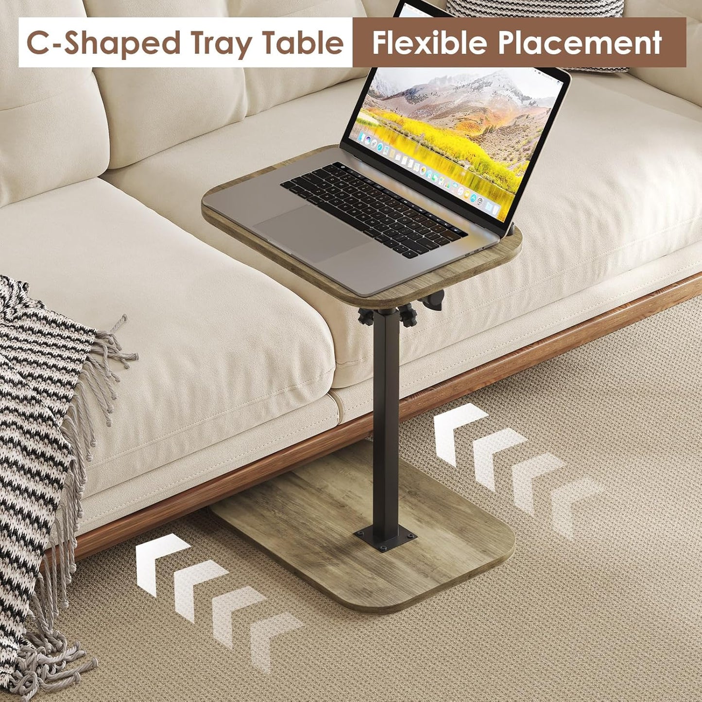 Sofa Couch Arm Table Tv Tray Small Bed Stand C Shaped Side End Tables for Living Room, Bedroom, Grey