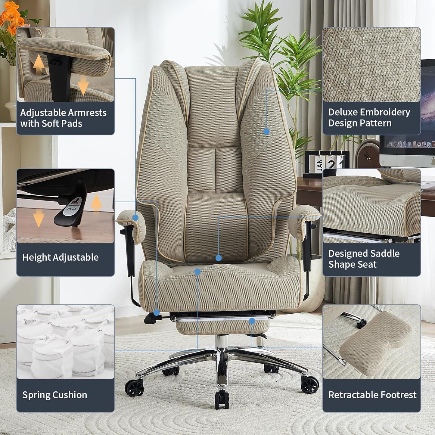 Big and Tall Office Chair 400lbs Wide Seat, Leather High Back Executive Office Chair with Foot Rest, Ergonomic Chairs Lumbar Support for Lower Back Pain Relief (Mesh Dark Beige)