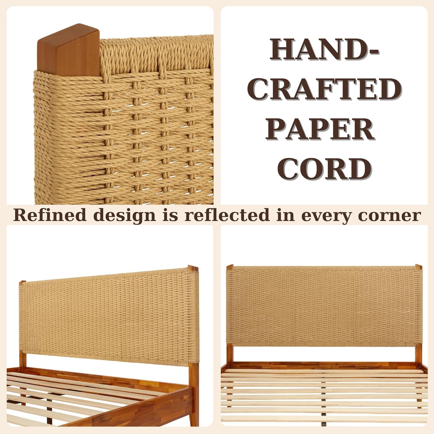 Bme Selina Headboard Queen Size Bed Frame - Handcrafted Paper Cord Headboard, 12-Slat Support, No Box Spring Needed - Easy Assembly, Caramel
