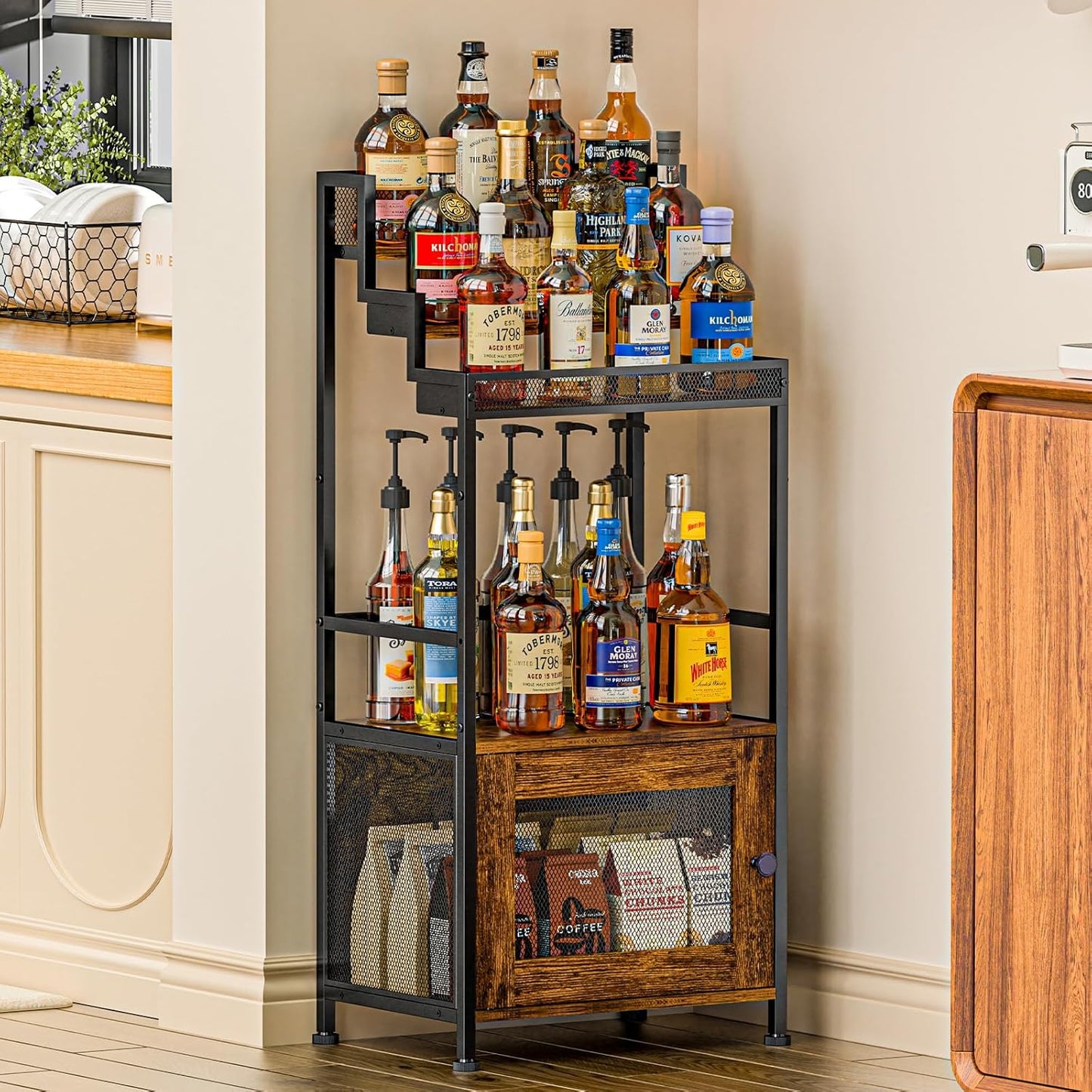 Tiered Liquor Stand with Bar Cabinet for Home, Large-Capacity Wine Rack Freestanding Floor, Stepped Display Shelf Featuring Mesh Door Holds Whiskey & Syrup Bottles, Corner Storage Ideal in living room