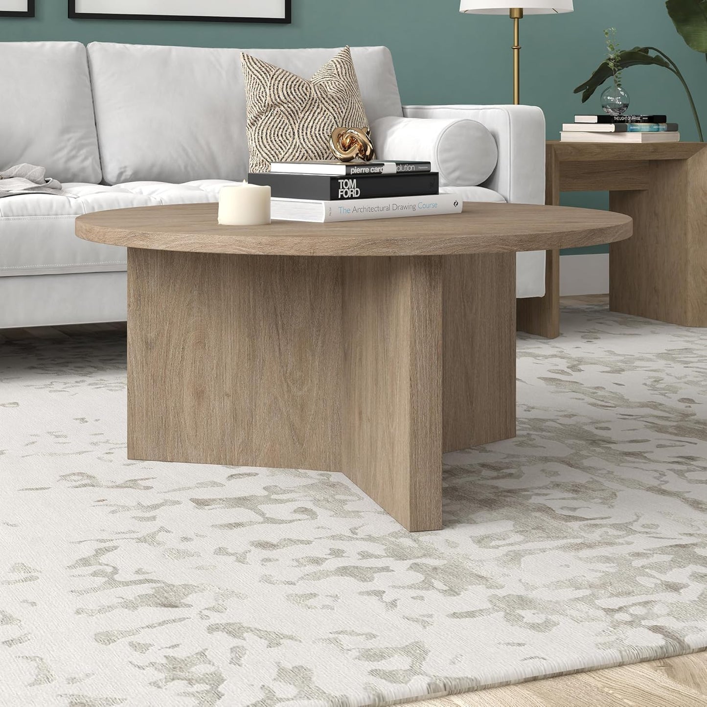 Henn&Hart 36" Round Wood Pedestal Coffee Table for Living Room, Family Room, Office, or Apartment, Antiqued Gray Oak