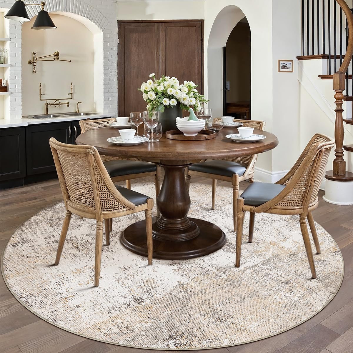 5x5 Washable Round Rug Beige Grey Neutral Abstract Living Room Bedroom Non Slip Low Pile Area Rug Office Entryway Indoor Doormat Soft Carpet for Entrance Bathroom Kitchen