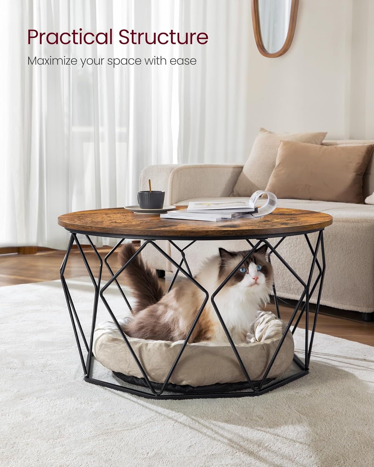 VASAGLE Round Coffee Table for Living Room, Cage Cocktail Table with Steel Frame, 31.5 Inches Dia., Industrial Style, Rustic Brown and Black ULCT040B01
