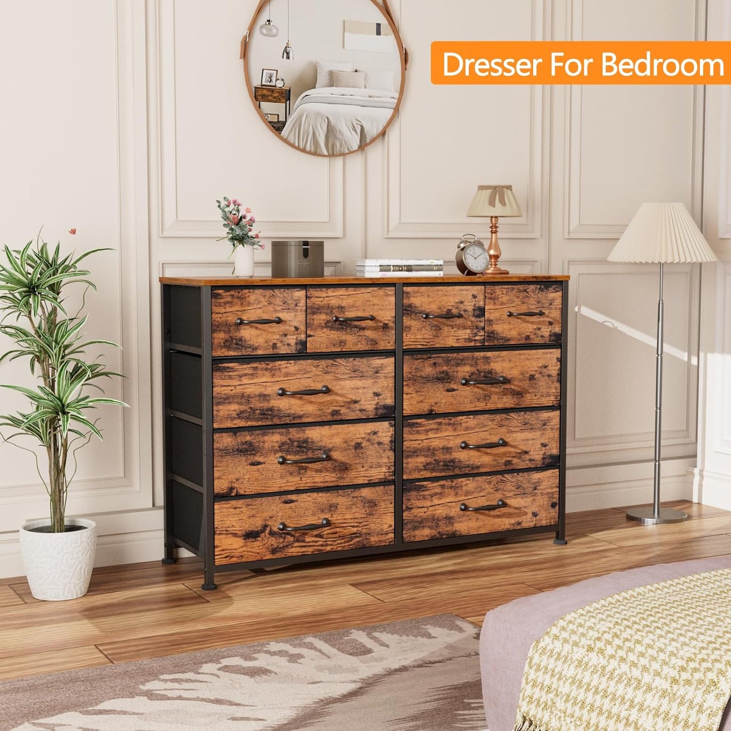 Furnulem Bedroom Dresser for 55”Long TV Stand,10 Storage Organizer Dressers & Chests of Drawers, Sturdy Metal Frame & Wood Top Tall Storage Cabinet for Bedroom Closet Living Room Entryway Rustic Brown
