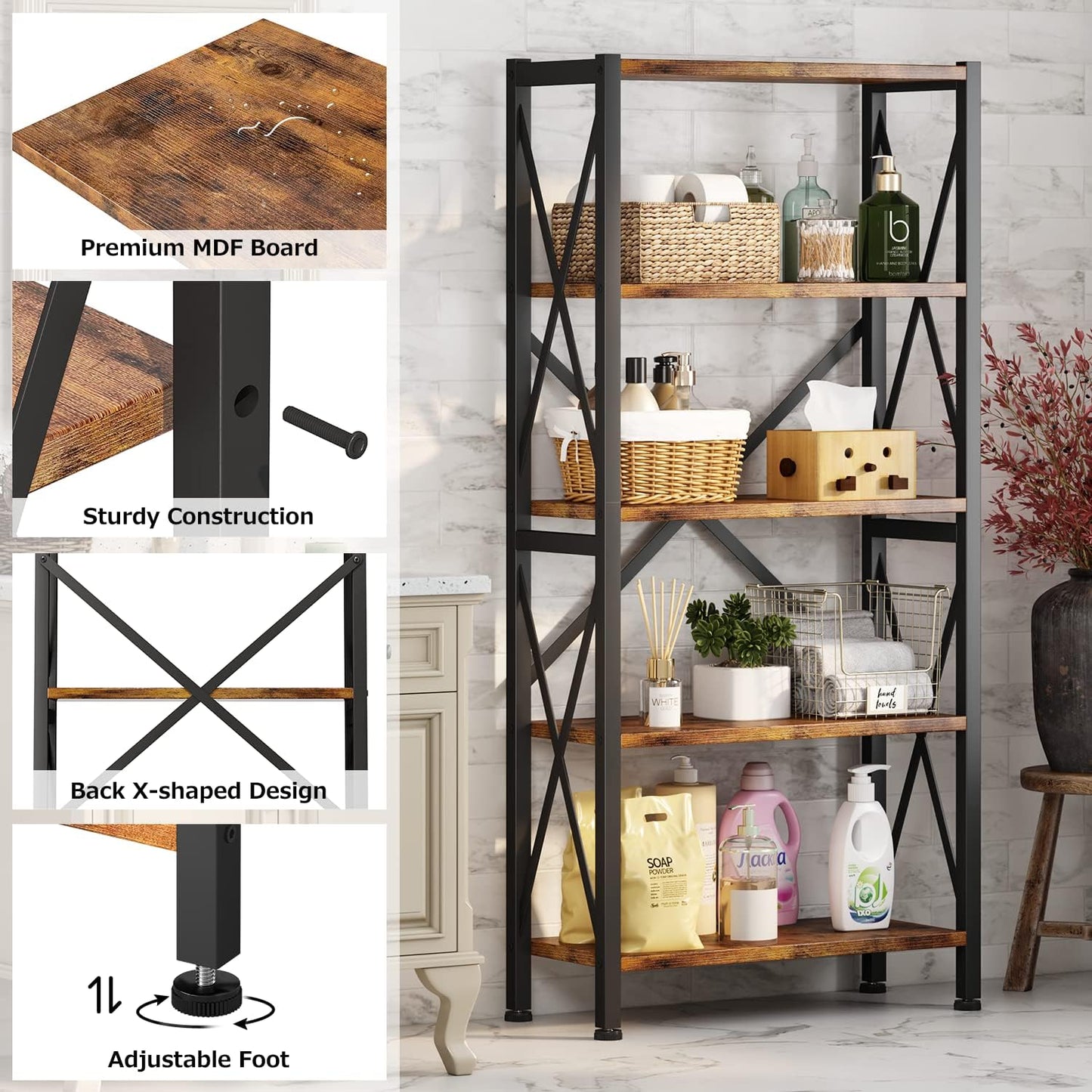 Homeiju 5-Tier Bookshelf,Wood Bookcase,Book Shelf with Steel Frame, Storage Rack with Open Shelves, Rustic Standing Bookshelves Ladder Shelf 110lbs/shelf for Bedroom,Living Room and Home Office