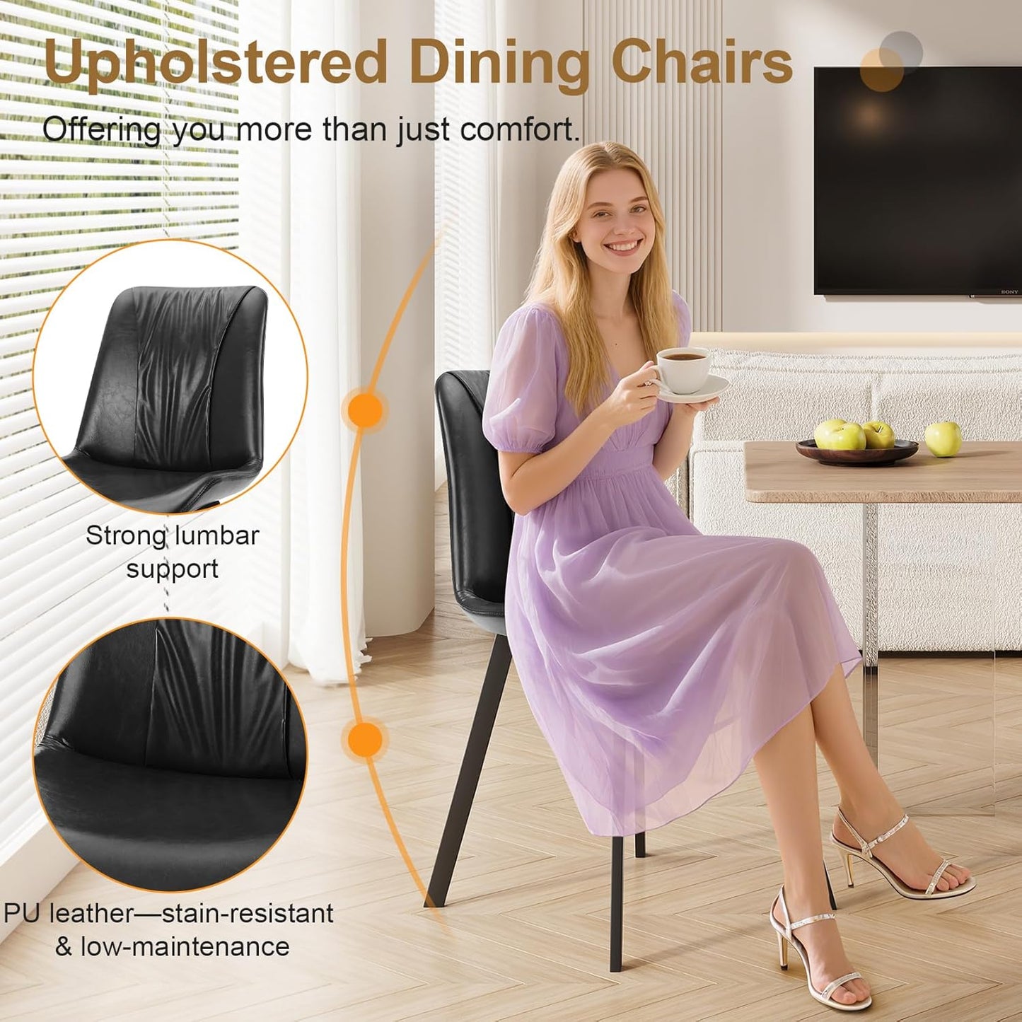 Upholstered Dining Chairs Set of 2, Modern Kitchen & Dining Room Chairs, Faux Leather, Sturdy Metal Legs, for Living Room, Cafe & Restaurant- Black