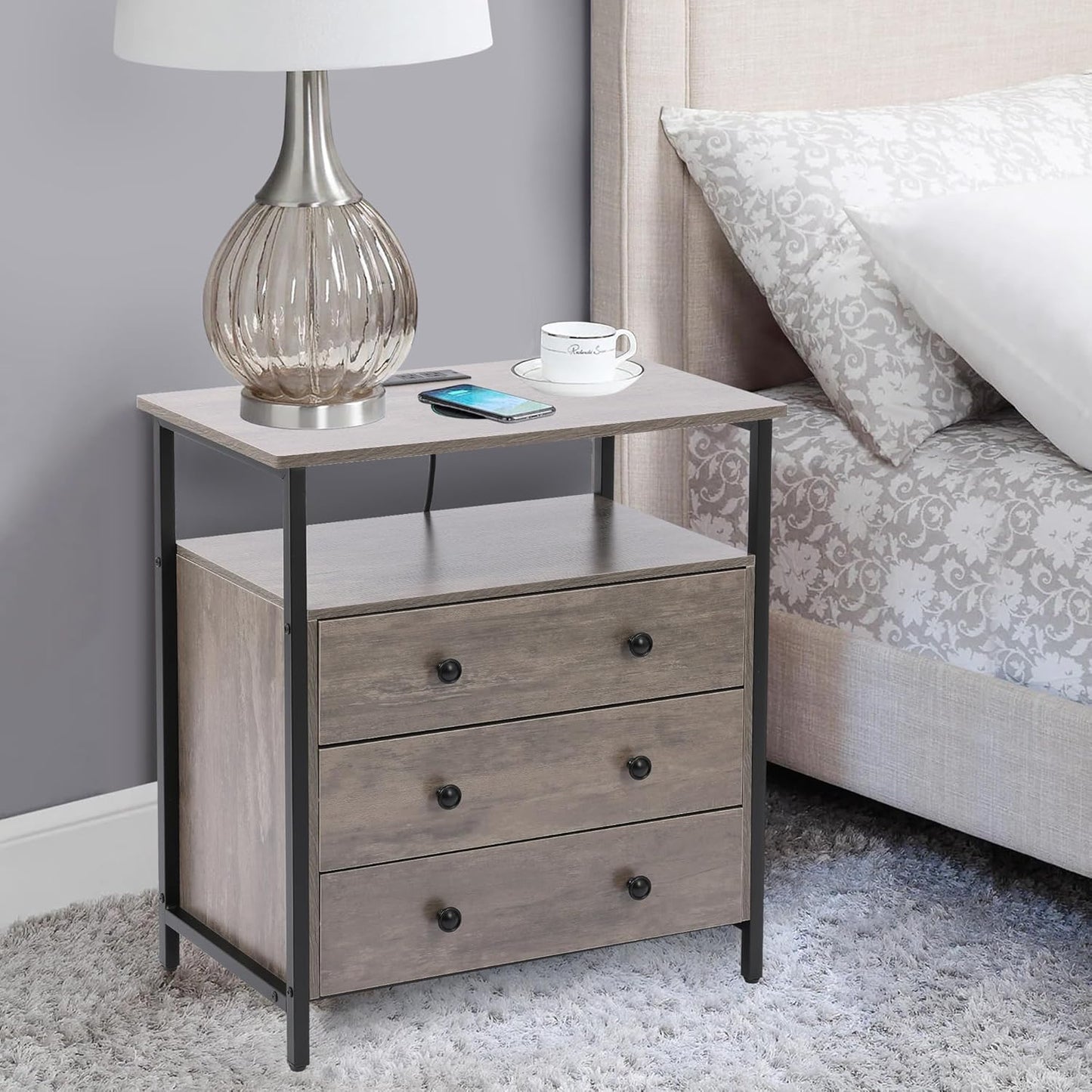 3 Wooden Drawers Night Stand, 27 Inch Wide Nightstand with Charging Station and Adjustable Drawers, Bedside Table for Living Room/Bedroom/Office, Gray.