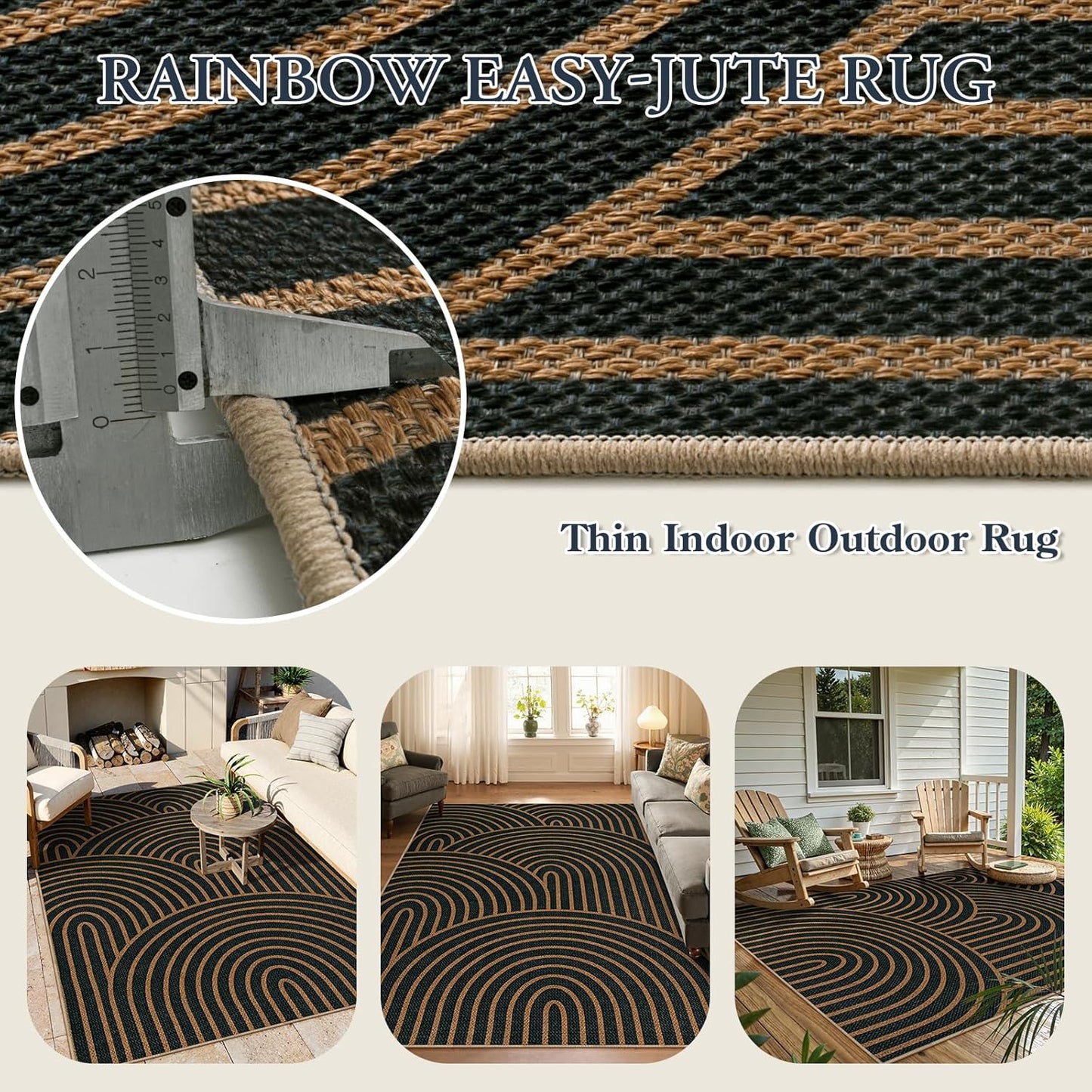 Lahome Modern Rainbow Easy Jute Carpet, Washable 5x7 Area Rugs for Living Room Black Farmhouse Dining Room Rug, Contemporary Natural Throw Mat Non Slip Floor Carpet for Office RV Patio